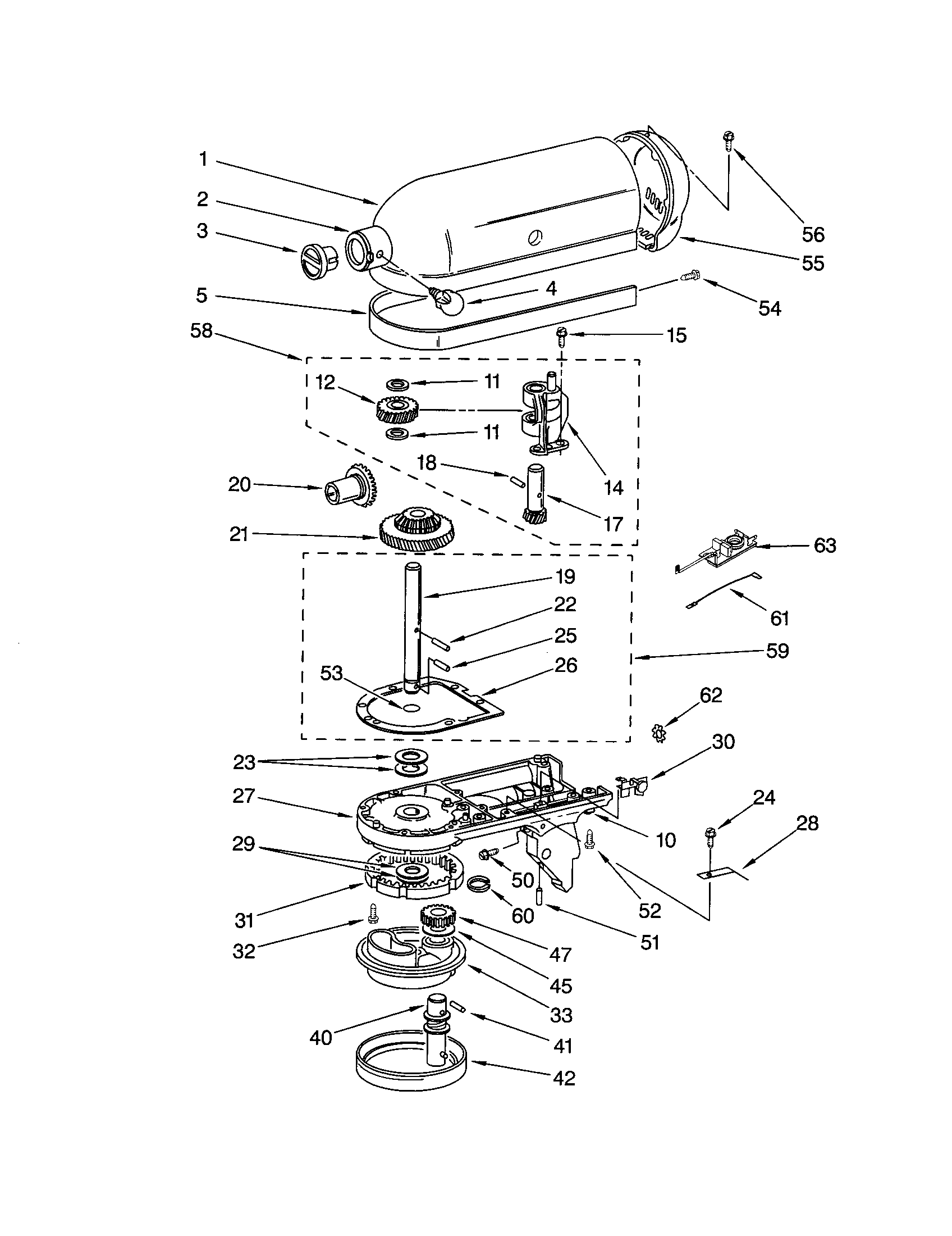 KitchenAid KSM90WW0 case, gearing and planetary unit diagram