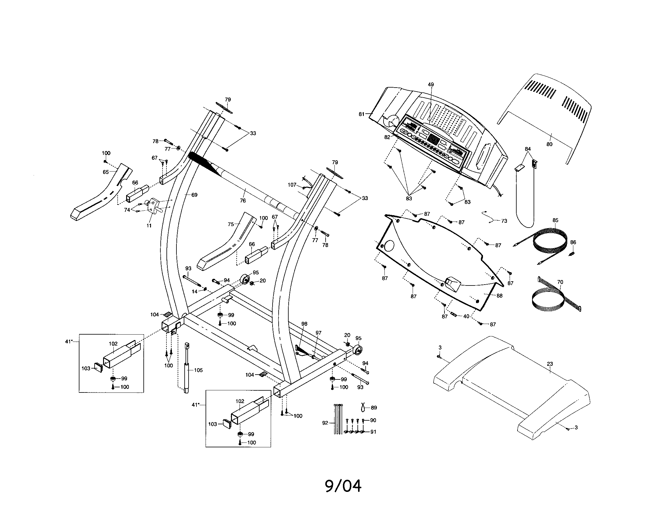 Proform PFTL79103 console base/handrails/motor hood diagram