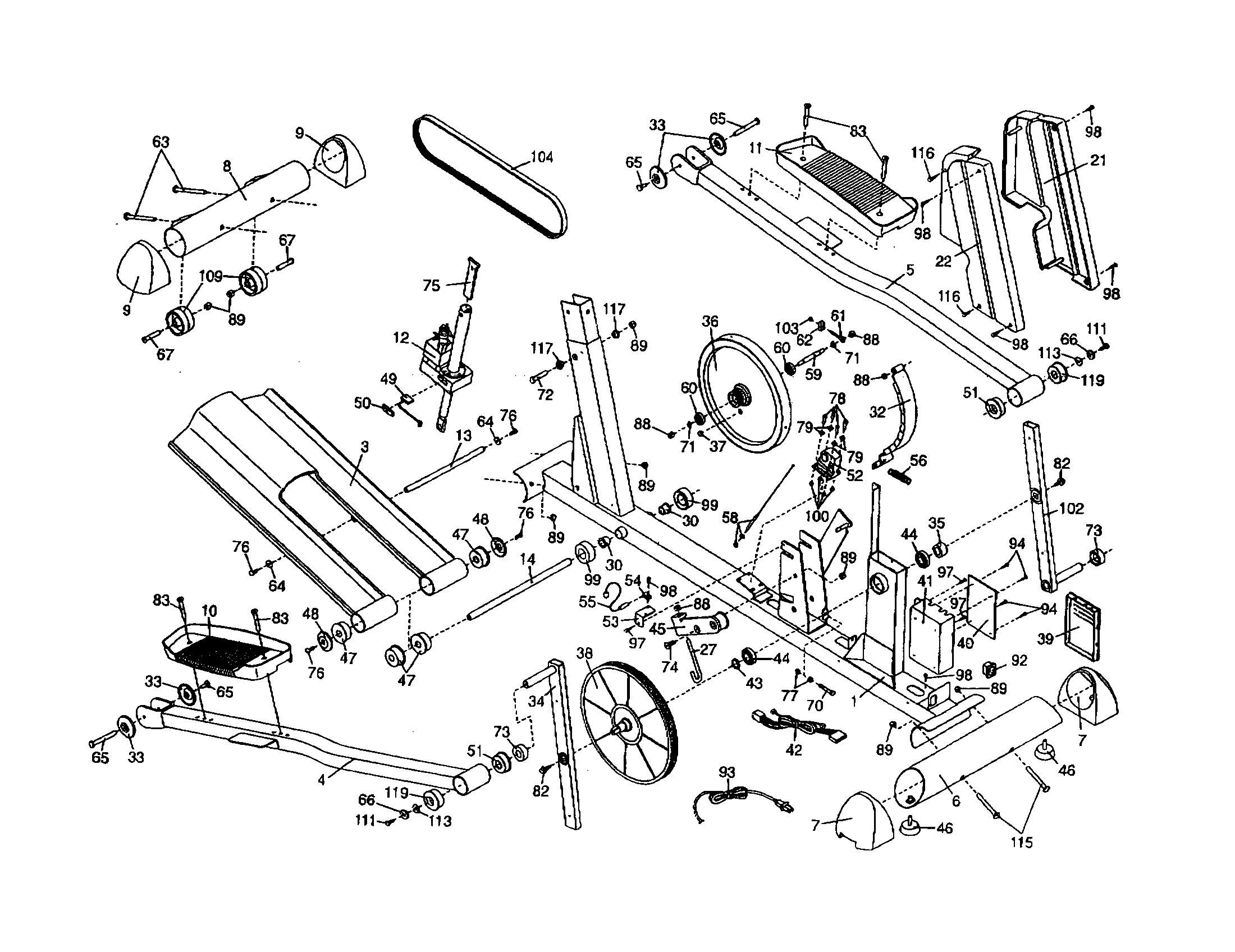 HealthRider HRE9994DR0 frame/belt/ramp/pedal/flywheel diagram