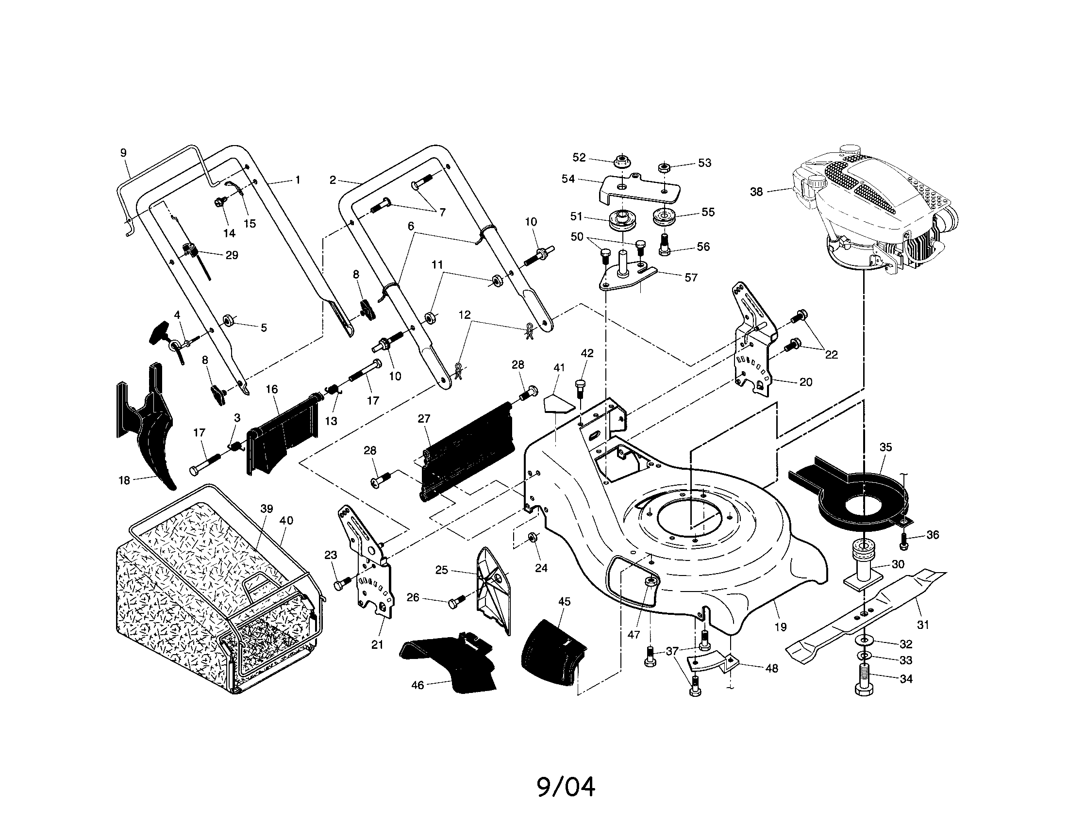 Craftsman 917374822 engine/housing/handle/bag diagram