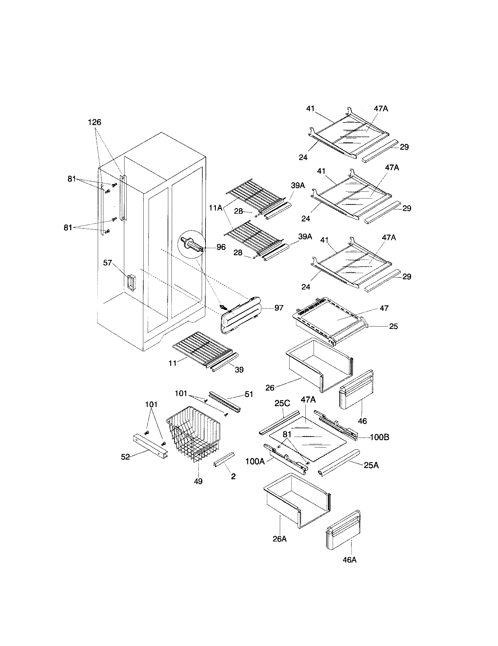 Frigidaire FRS24WSGW5 shelves diagram