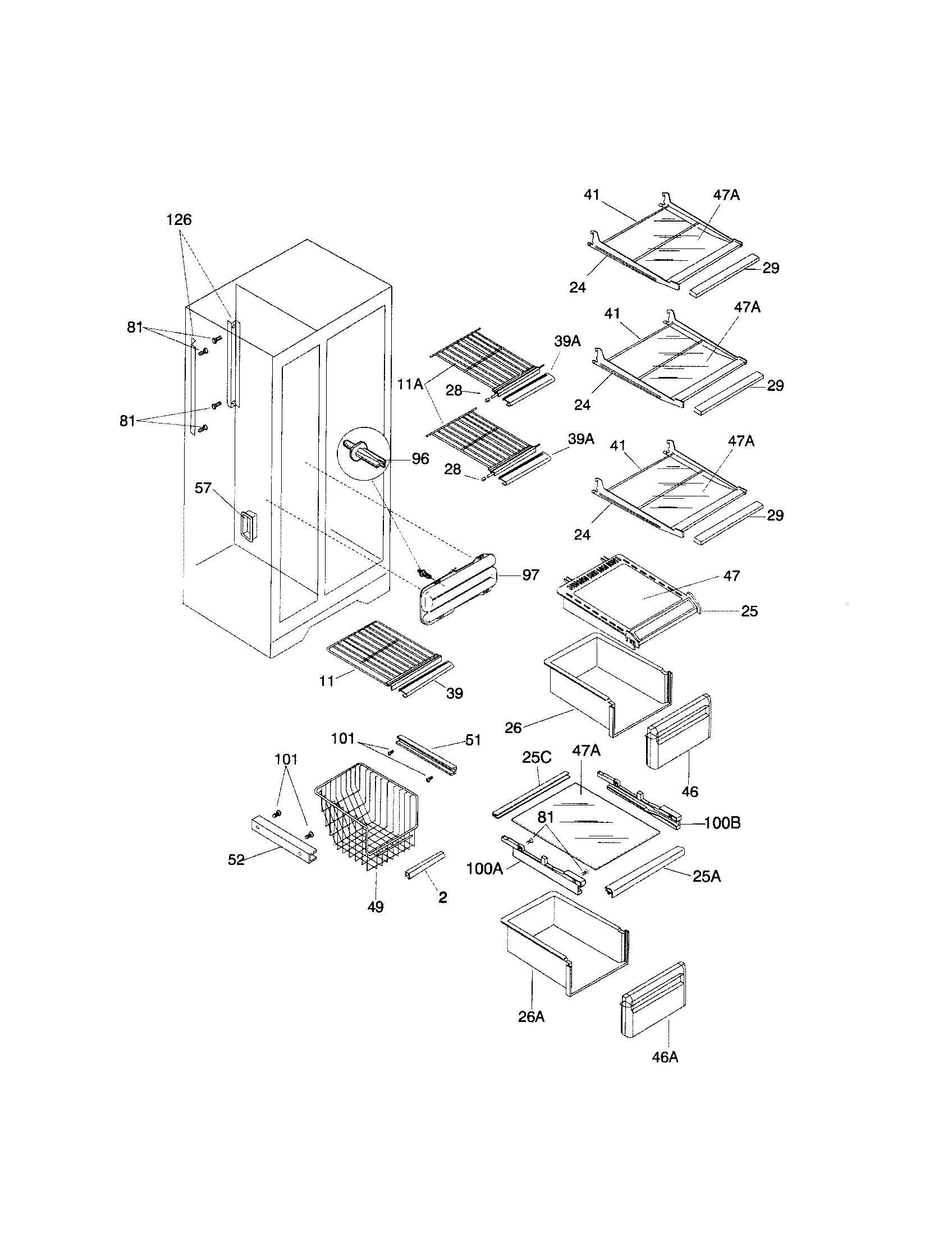 Frigidaire FRS24WSGW4 shelves diagram