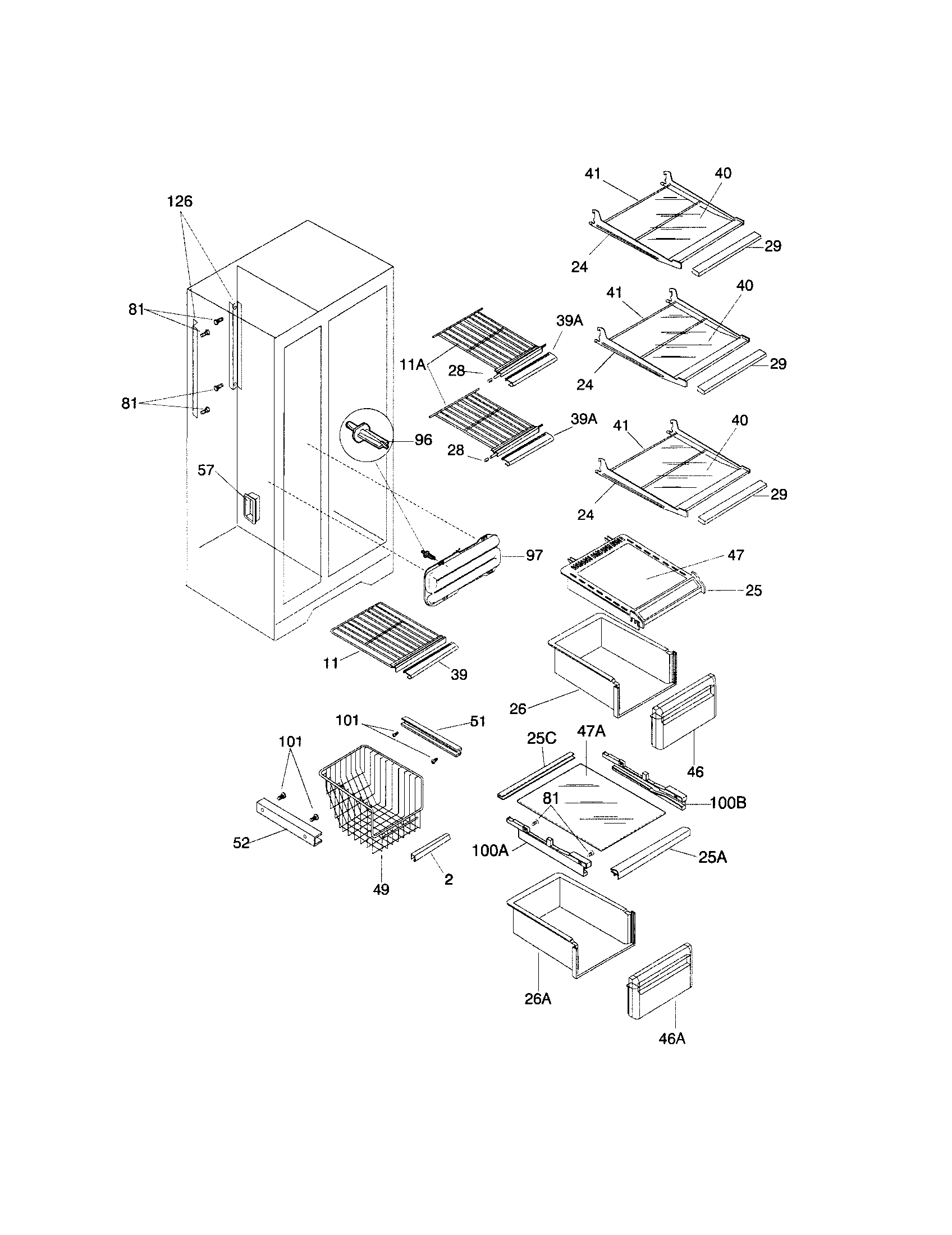 Frigidaire FRS24WSGW2 shelves diagram