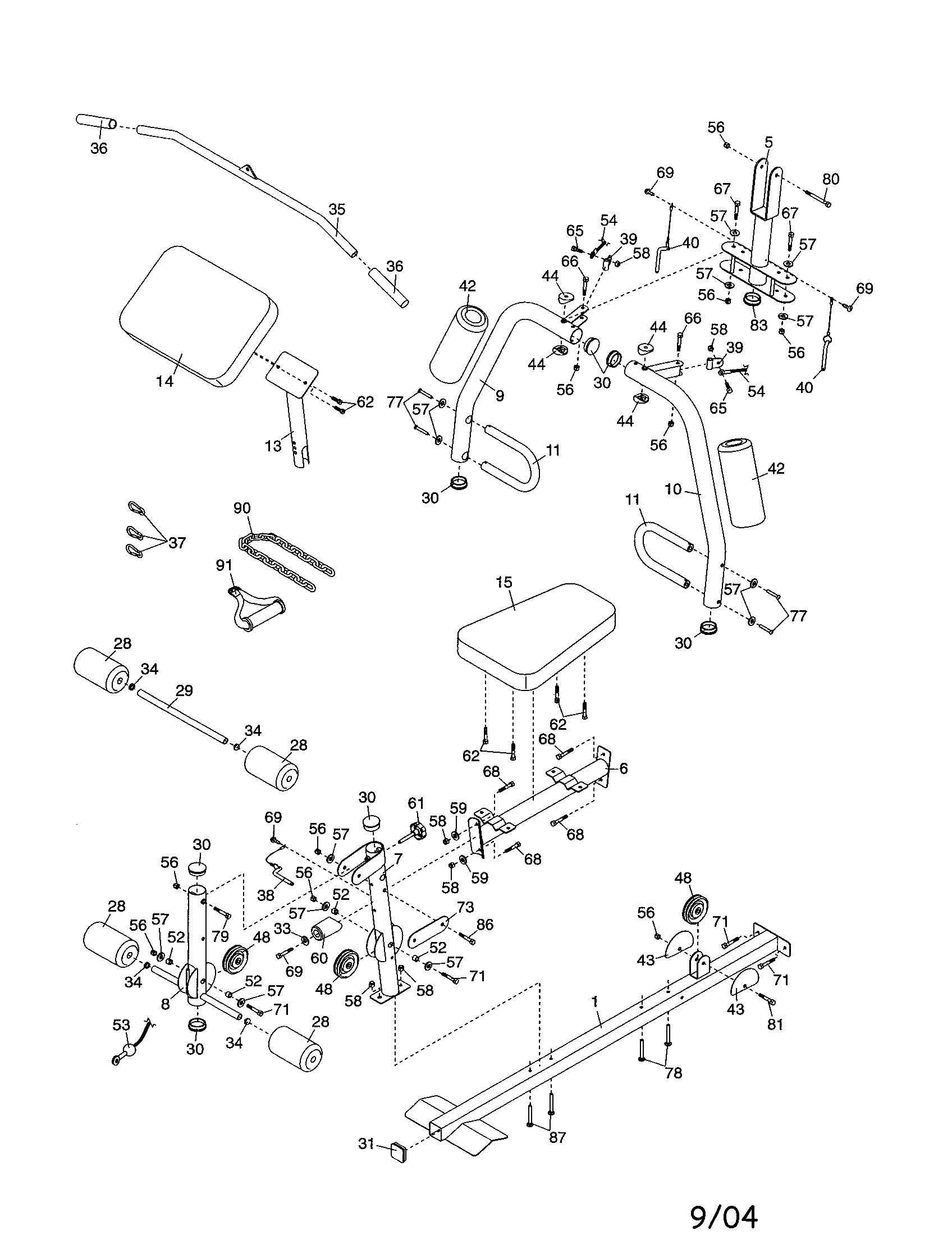 Weider WESY19540 base/curl pad/seat/fivot frame diagram