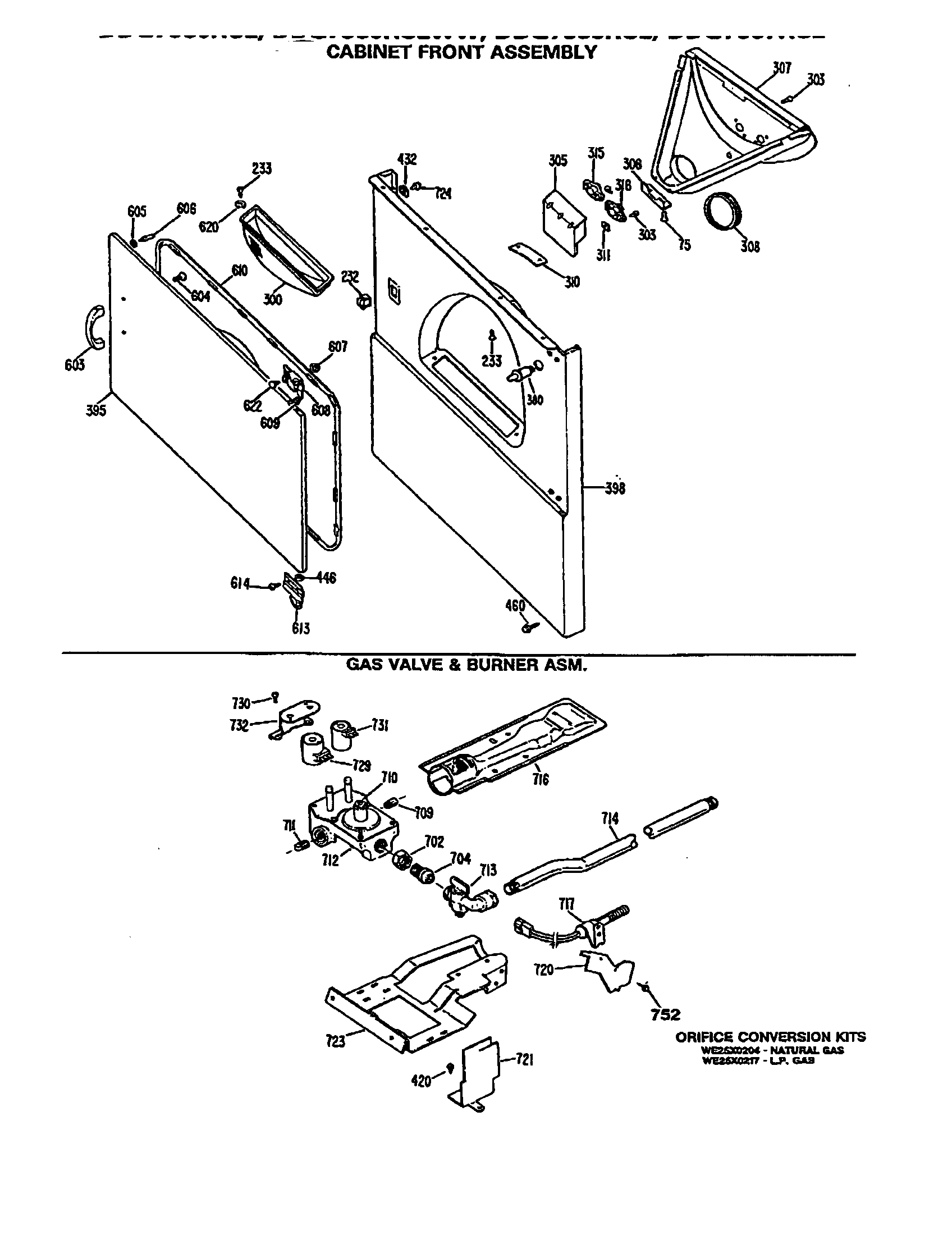 GE DDG7980RCL cabinet front/gas valve/burner diagram