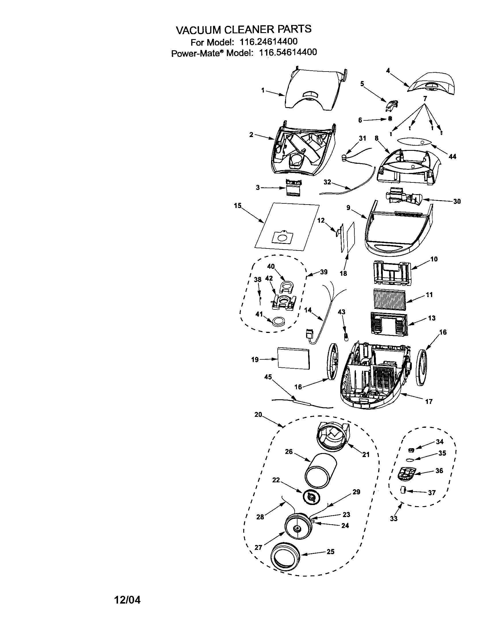Kenmore 11624614400 canopy/dust bag/body/motor diagram