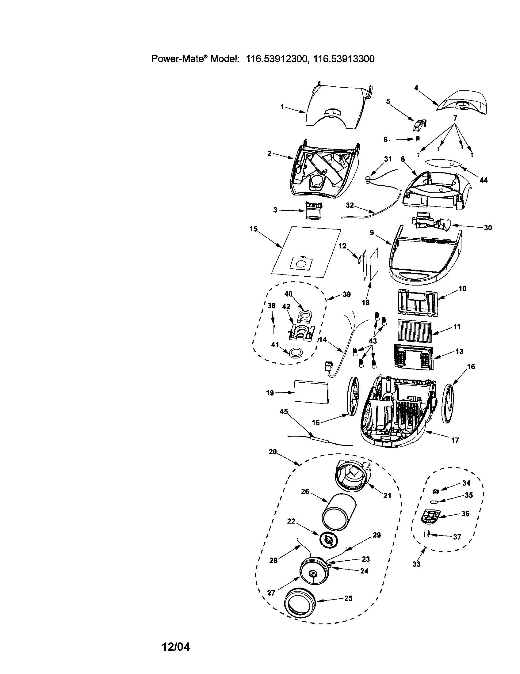 Kenmore 11623912300 canopy/body/motor/wheels diagram