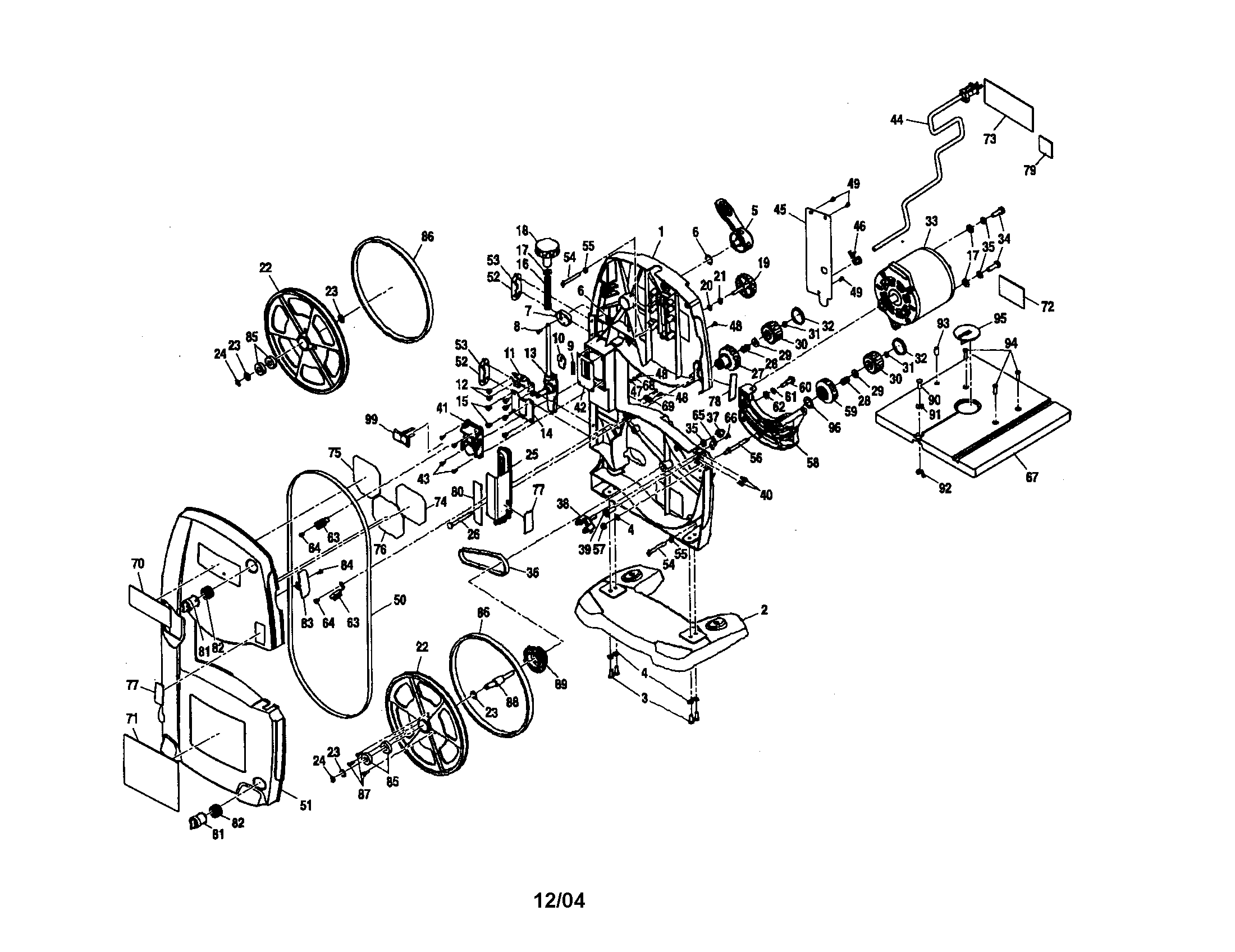 Ryobi BS902 frame/base/wheel/motor/blade diagram