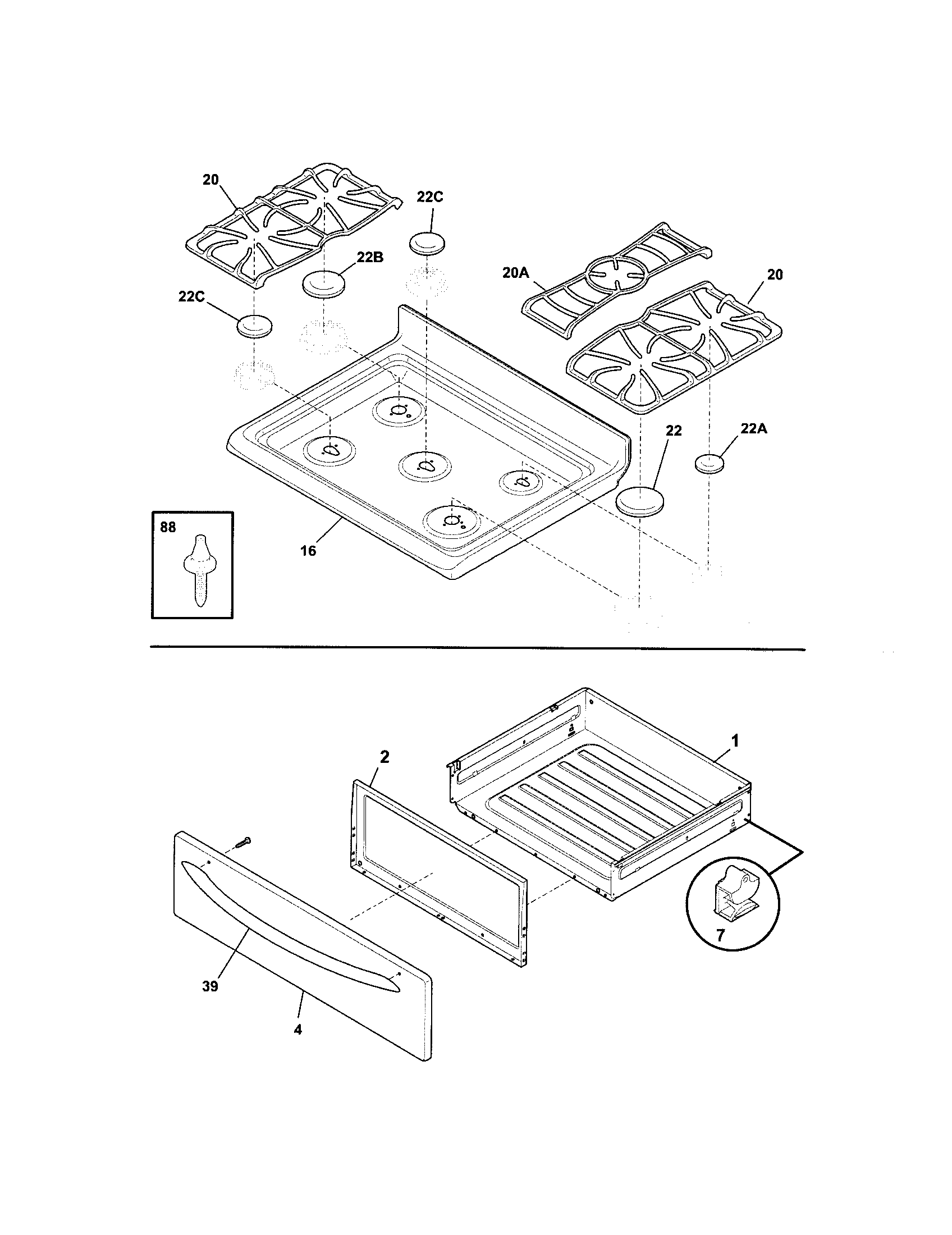 Frigidaire FGFB86DCB top/drawer diagram