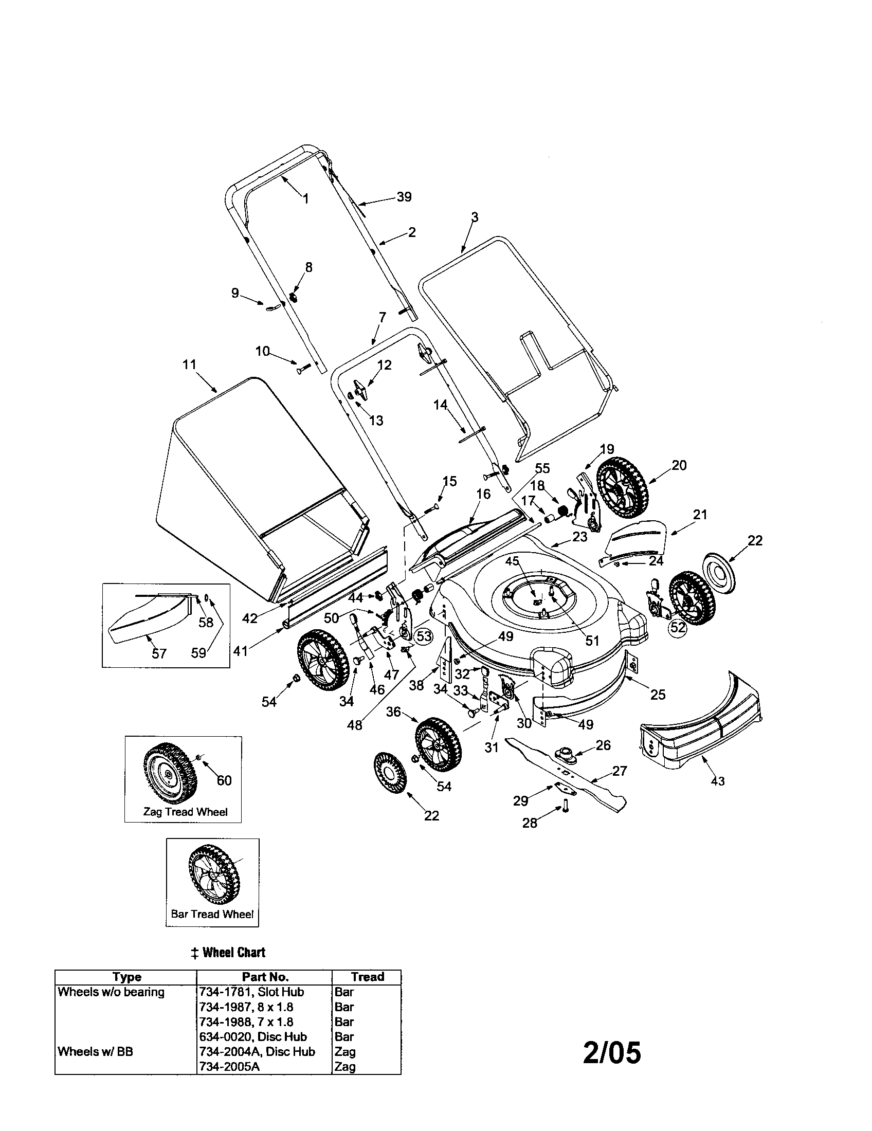 MTD 11A-414E765 handle/bag/deck/wheels diagram