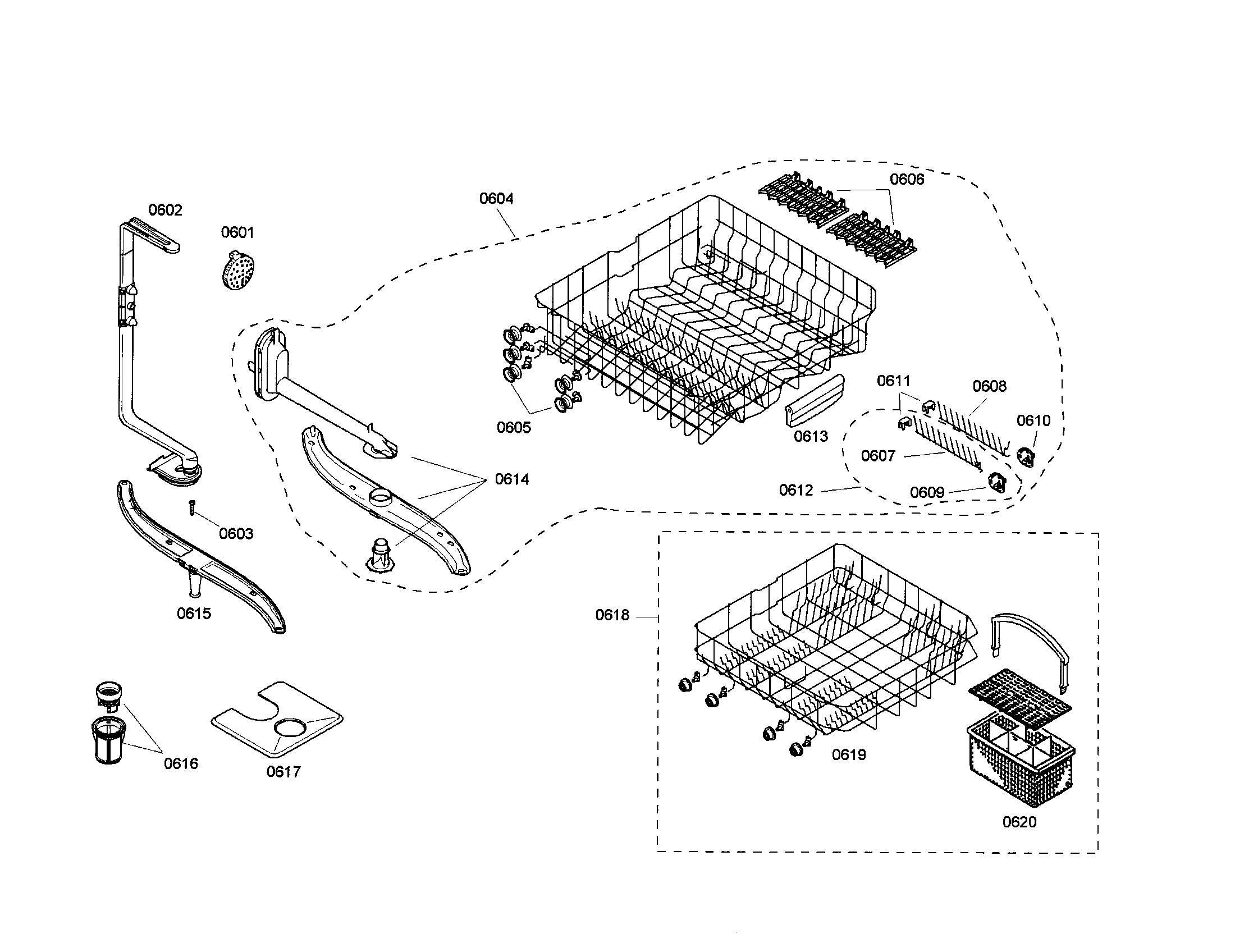 Bosch SHU43C05UC/17 racks and spray arm assemblies diagram