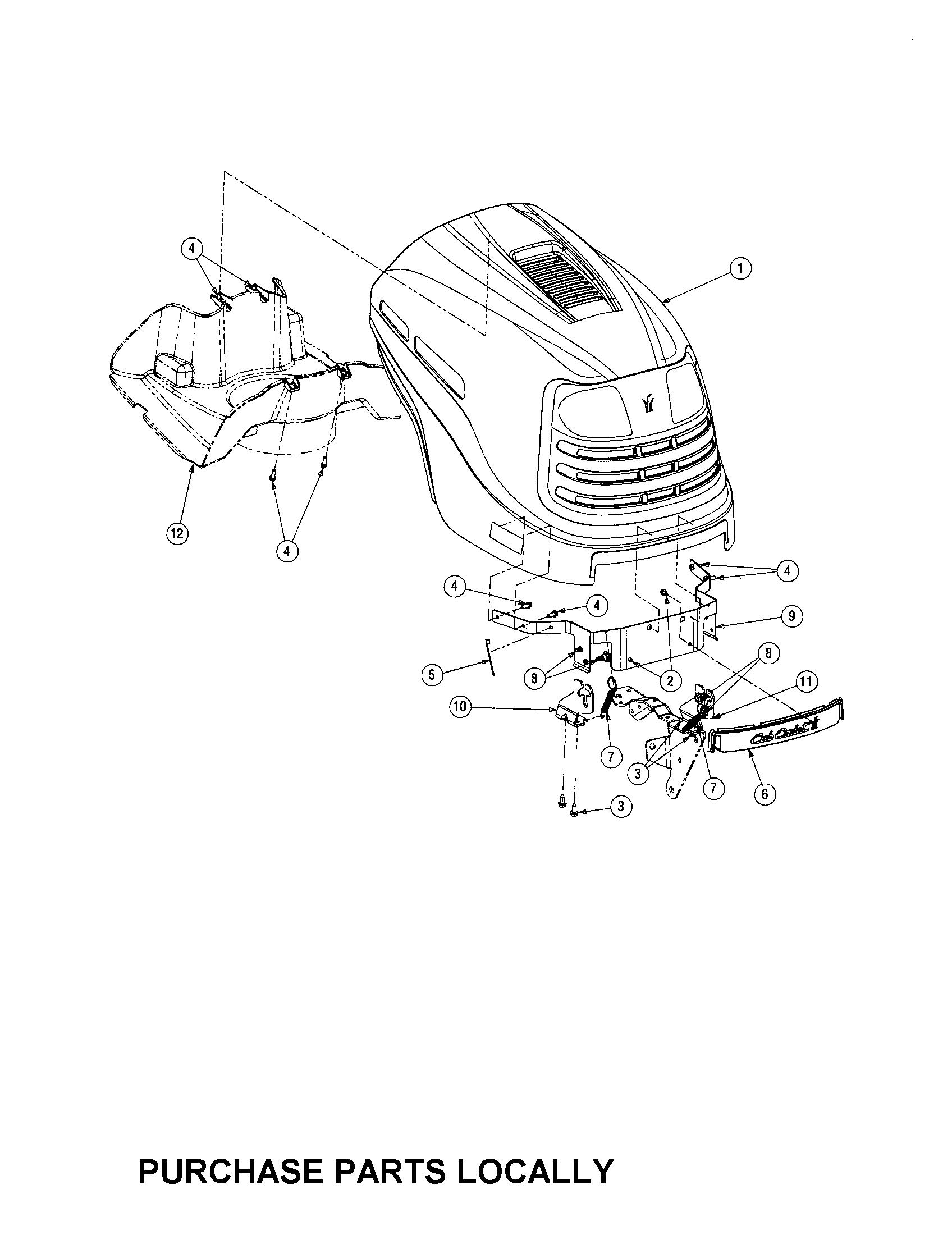 Cub Cadet LT1050 hood/grille diagram