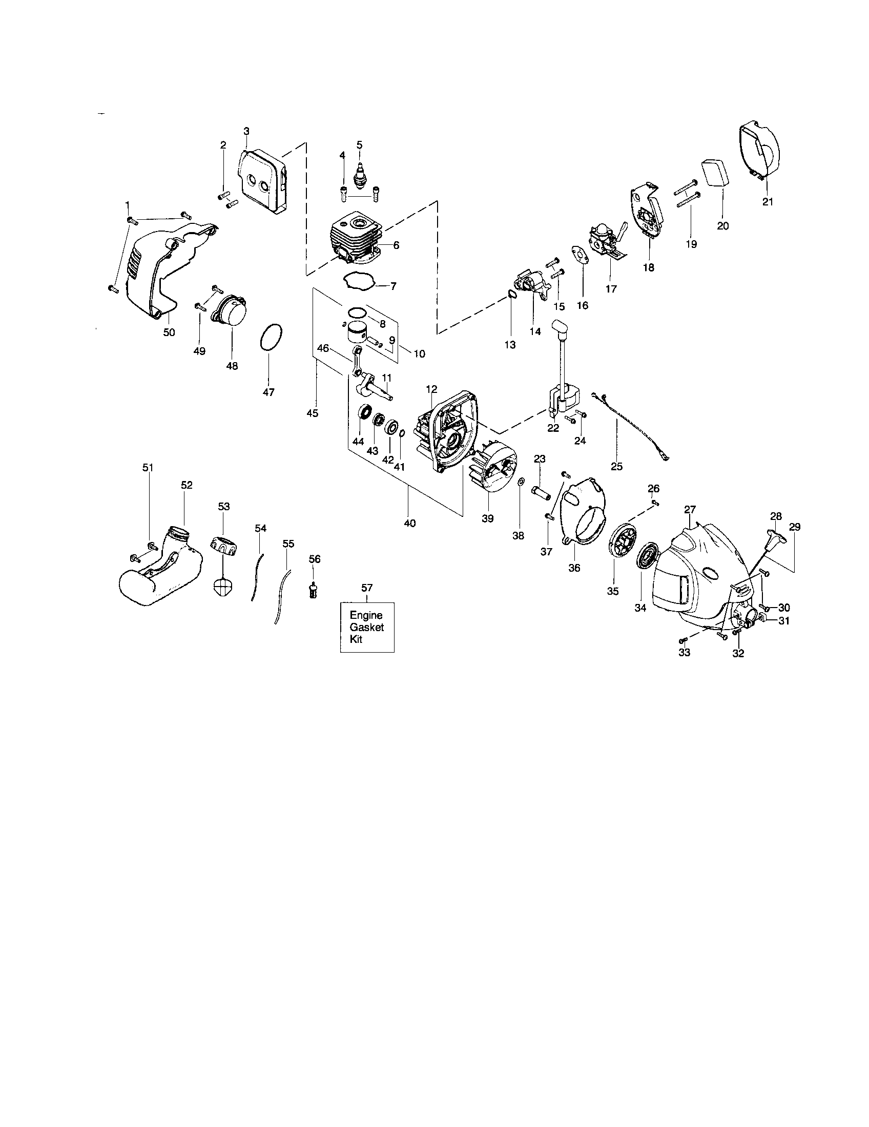 Poulan SST250 cylinder/crankcase/crankshaft diagram