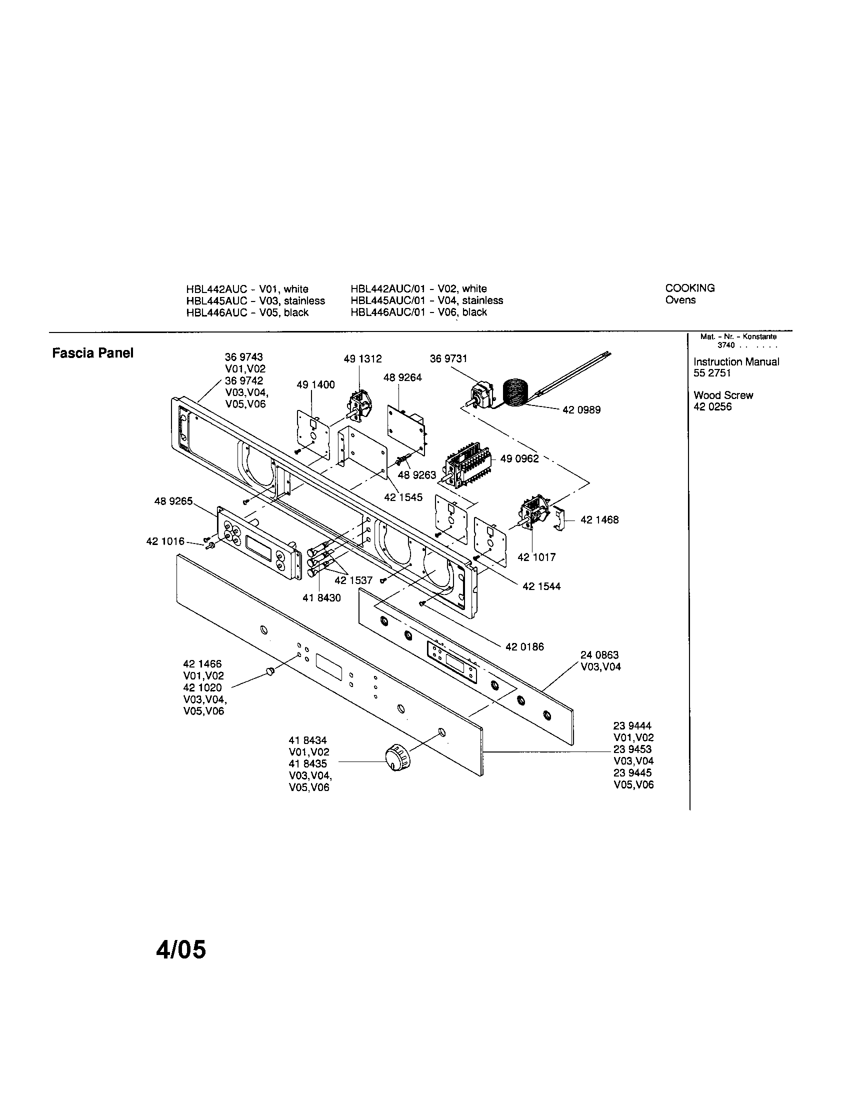 Bosch HBL442AUC fascia panel diagram