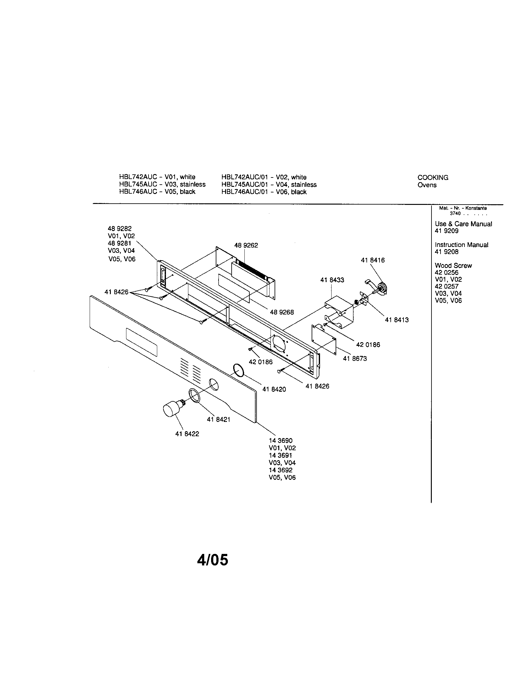 Bosch HBL746AUC fascia panel diagram