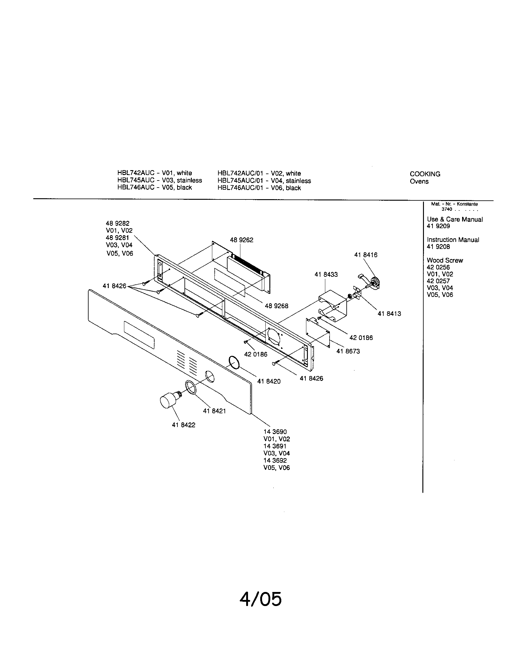Bosch HBL745AUC fascia panel diagram