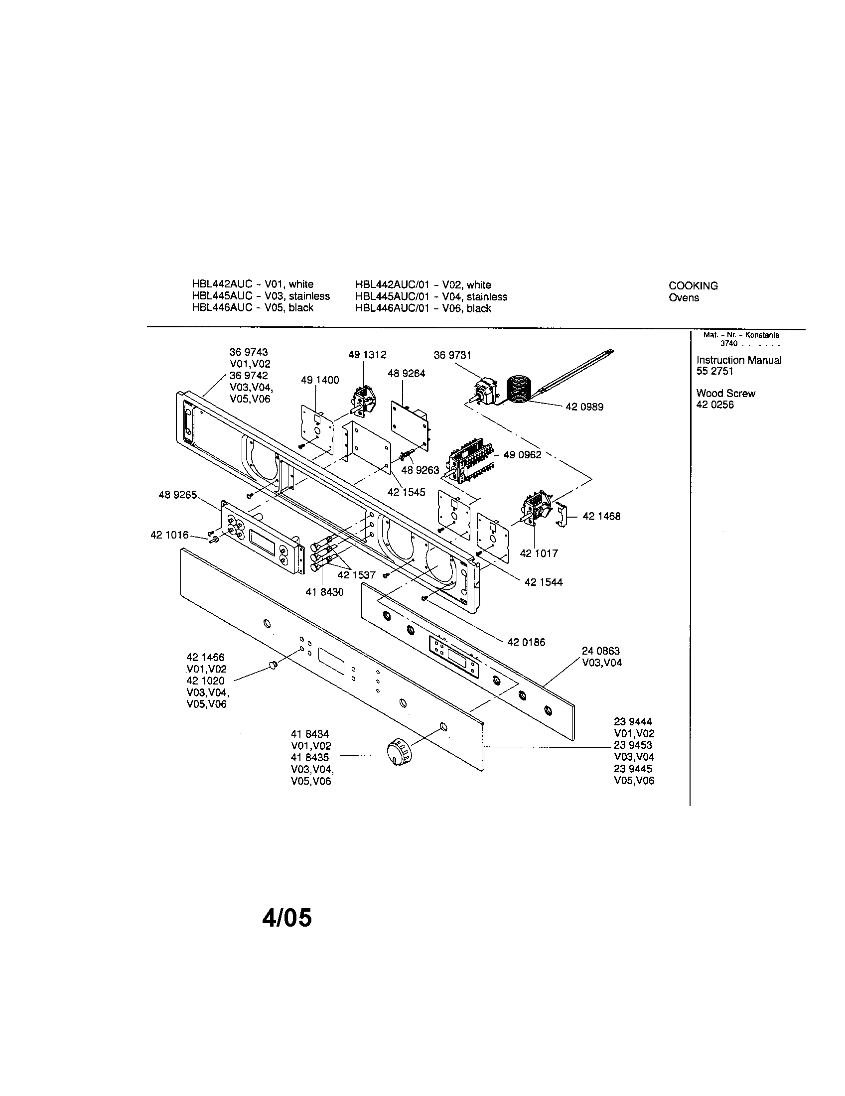 Bosch HBL446AUC fascia panel diagram