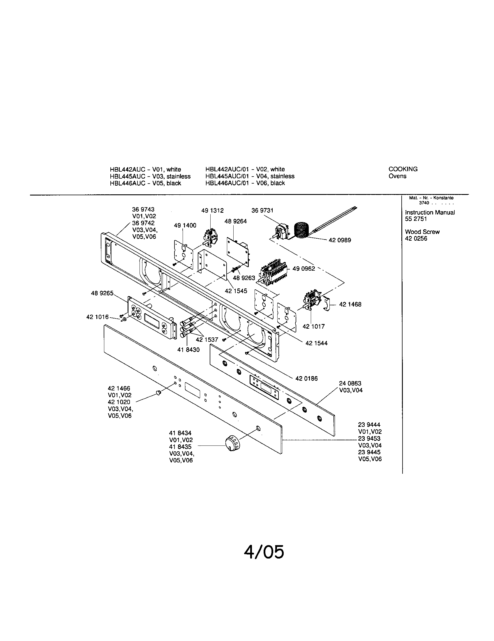 Bosch HBL445AUC fascia panel diagram