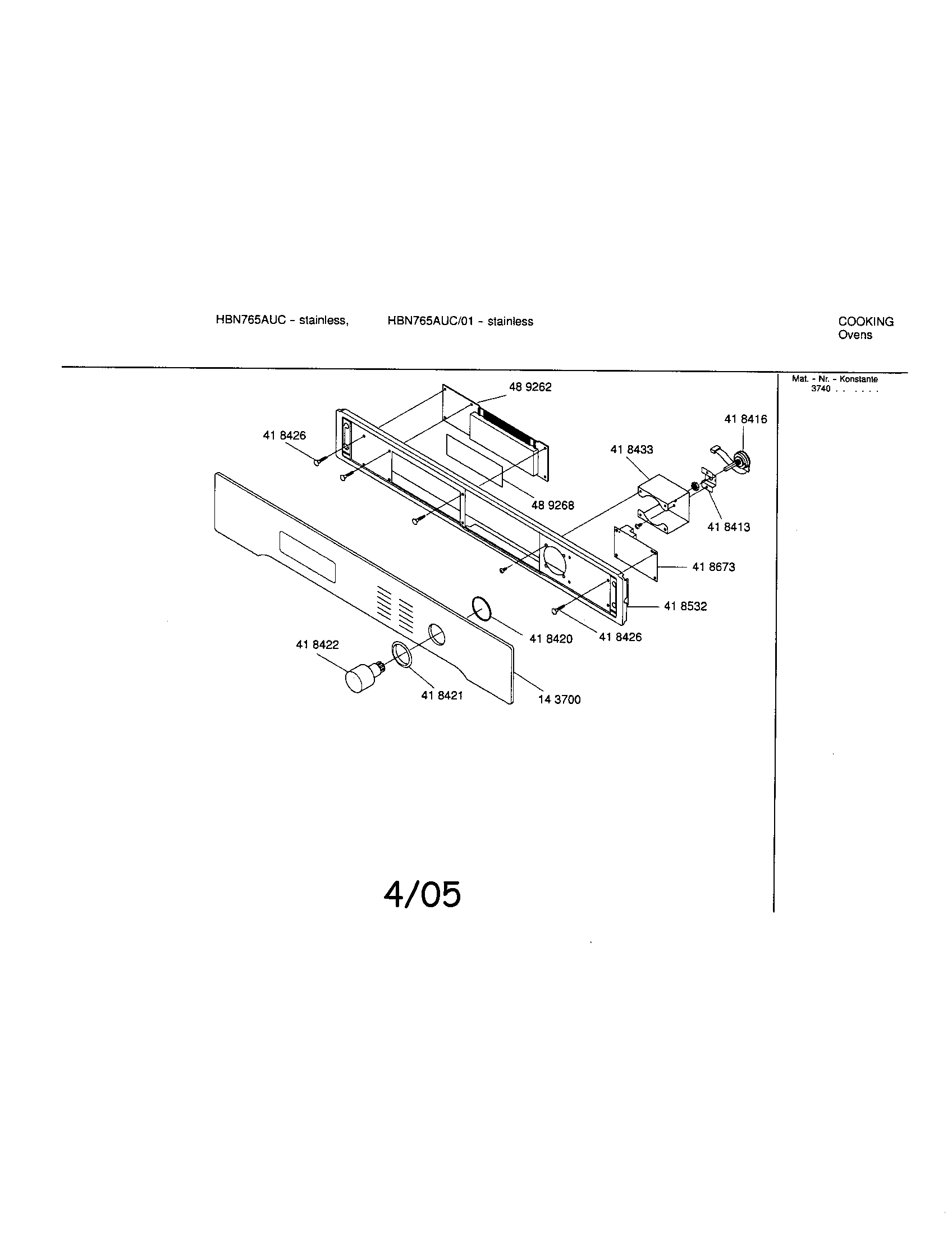 Bosch HBN765AUC fascia panel diagram