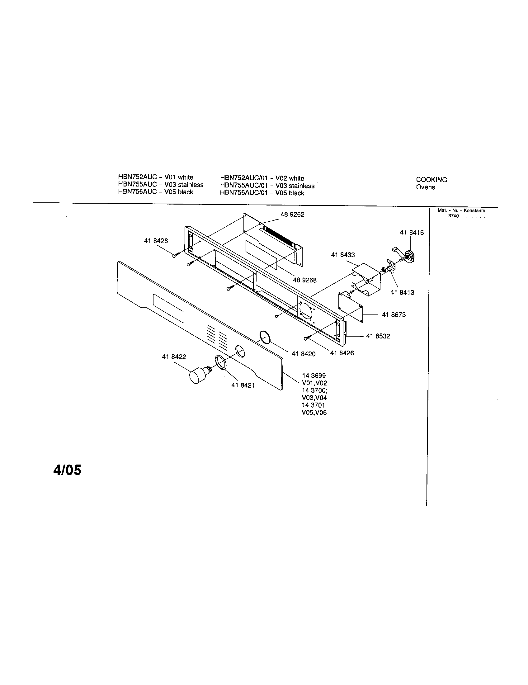 Bosch HBN755AUC fascia panel diagram