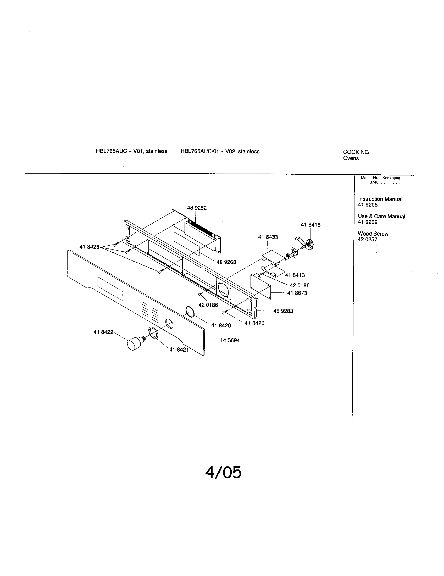 Bosch HBL765AUC fascia panel diagram