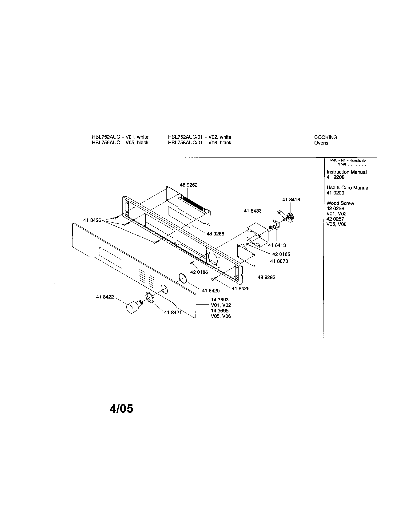 Bosch HBL756AUC/00 fascia panel diagram