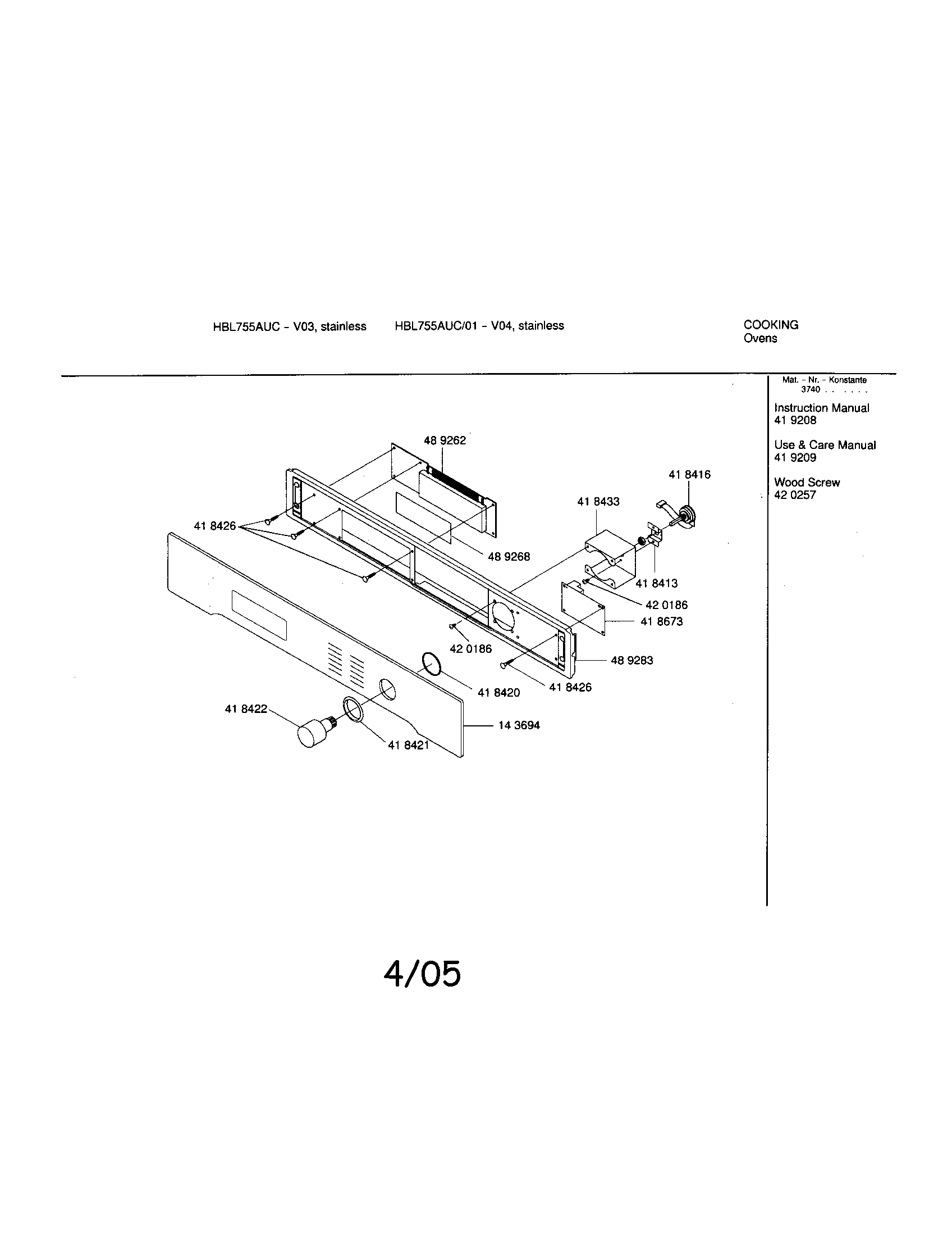 Bosch HBL755AUC/00 fascia panel diagram