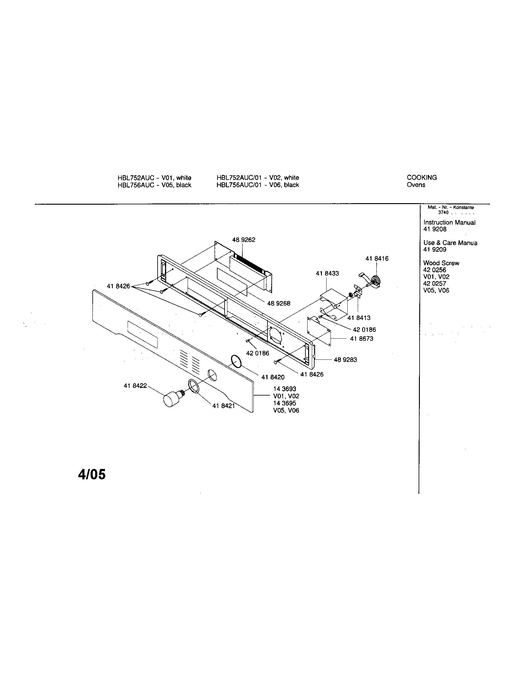 Bosch HBL752AUC/00 fascia panel diagram