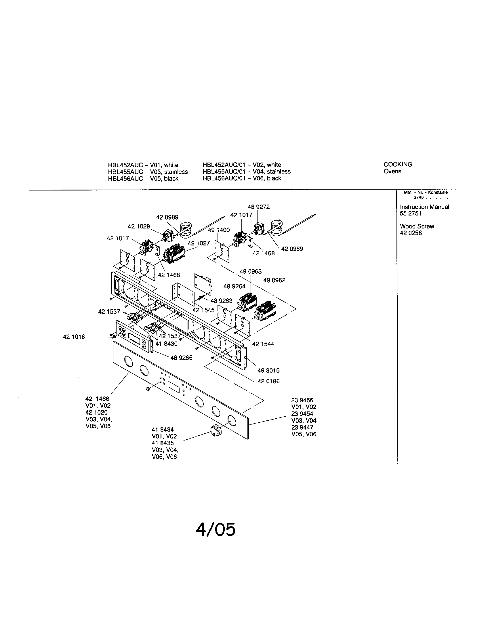 Bosch HBL455AUC fascia panel diagram