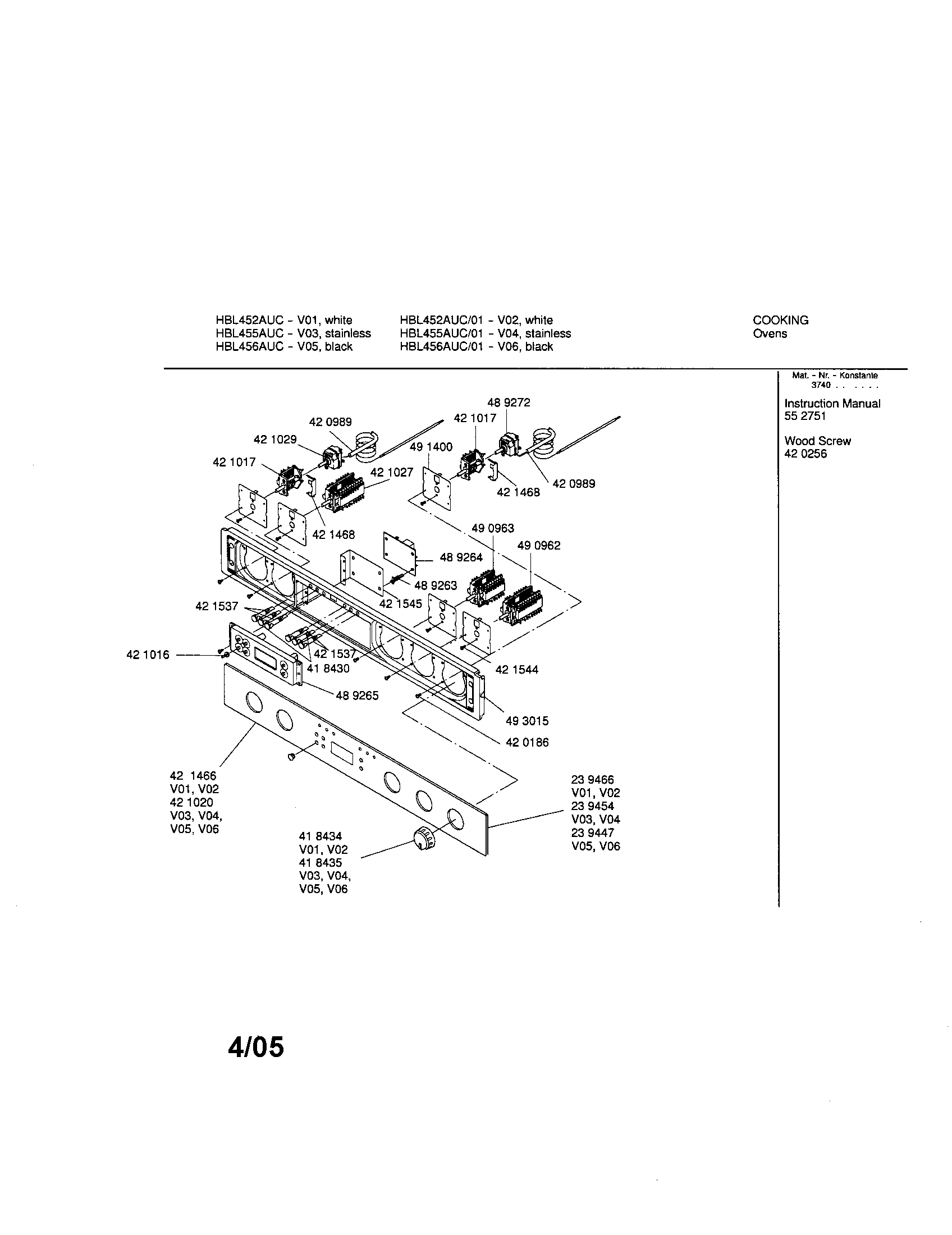 Bosch HBL452AUC fascia panel diagram