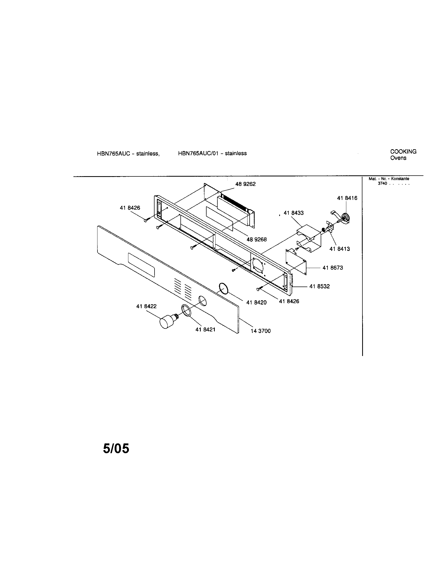 Bosch HBN765AUC/01 fascia panel diagram