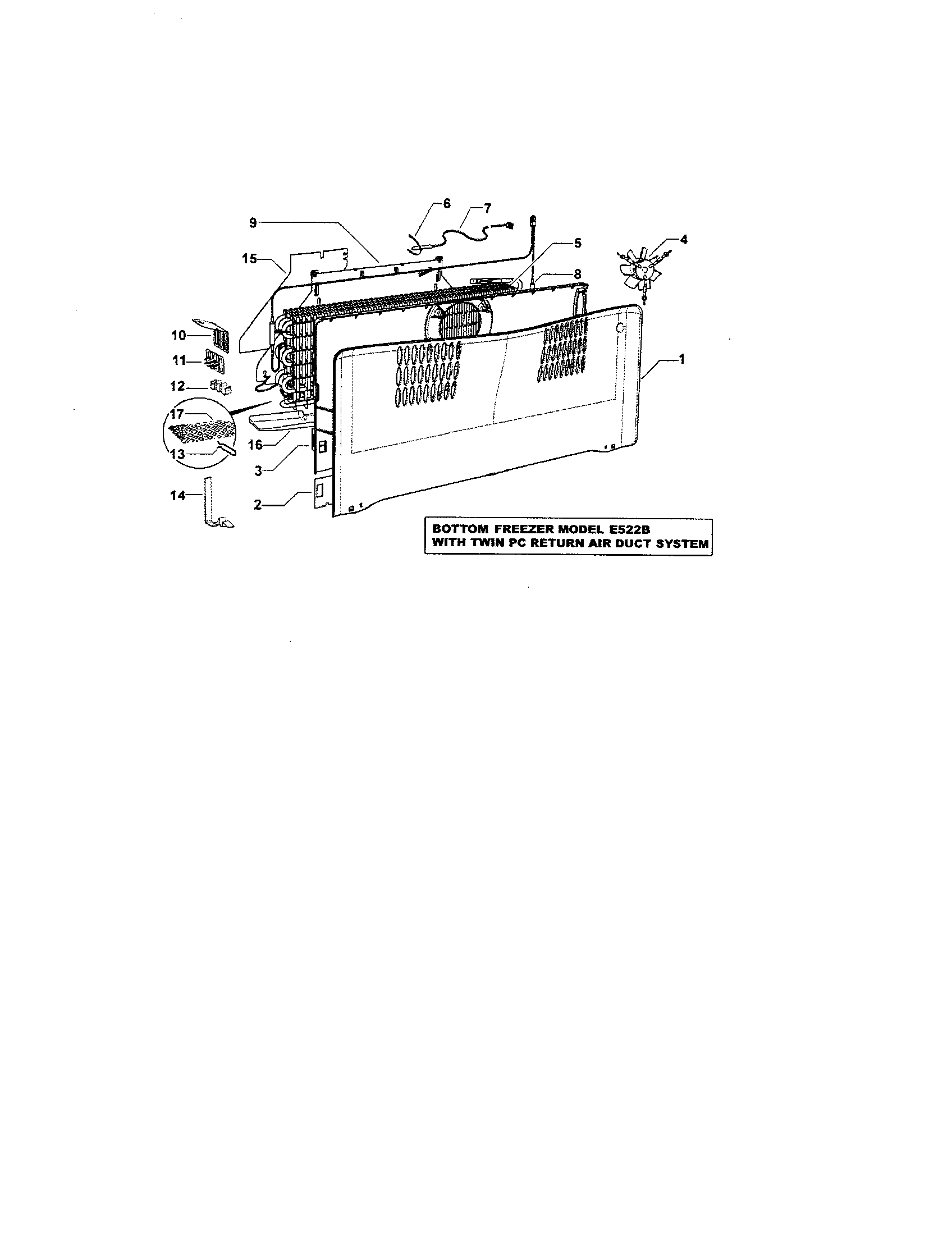 Fisher & Paykel E522 fan, covers/evaporator diagram