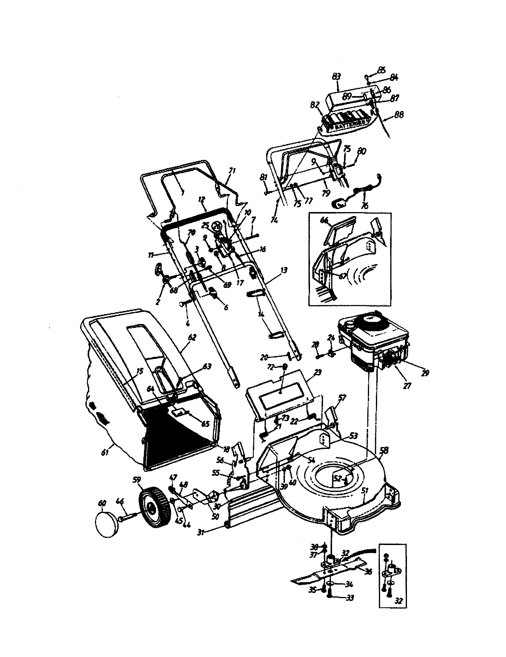MTD 126E458S302 handle/deck/blade/bag diagram