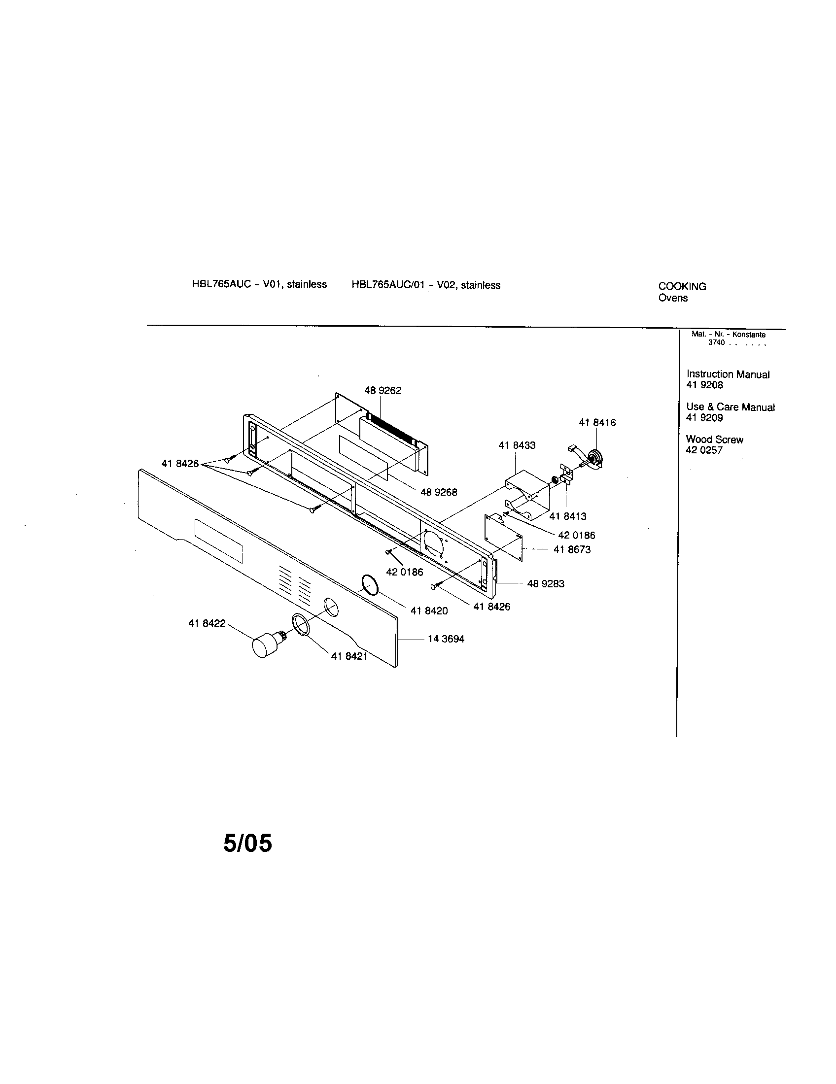 Bosch HBL765AUC/01 fascia panel diagram
