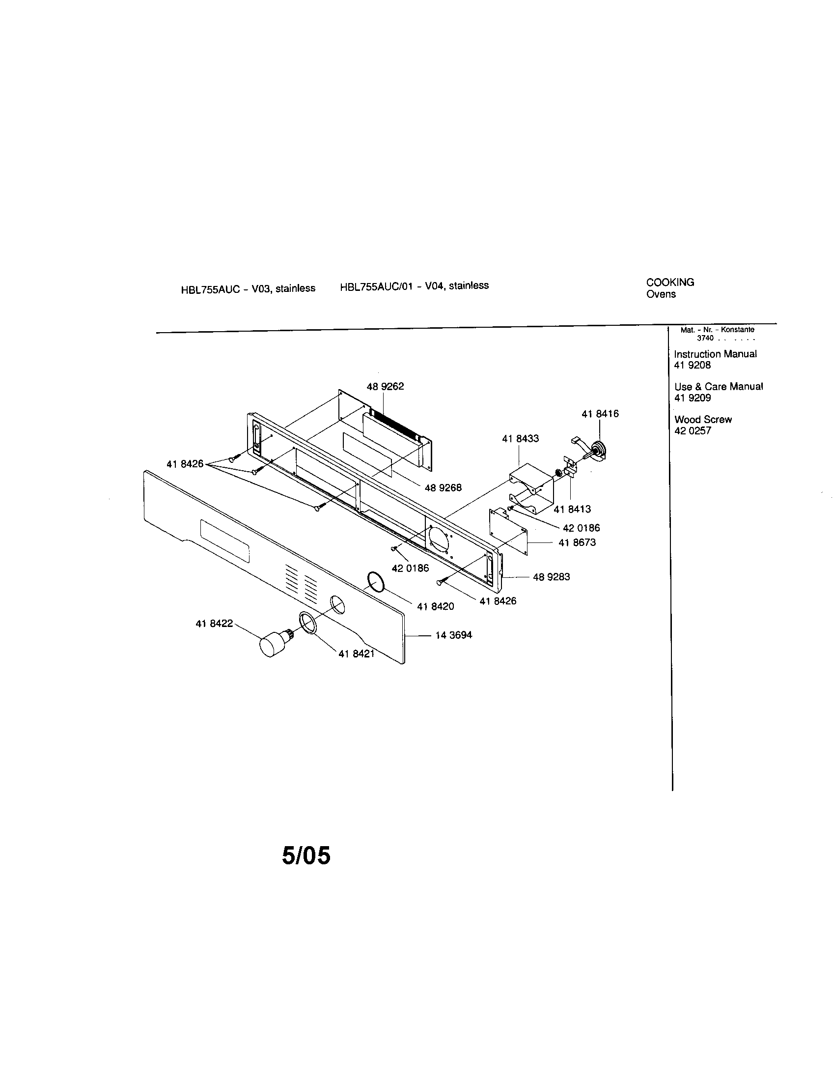 Bosch HBL755AUC/01 fascia panel diagram