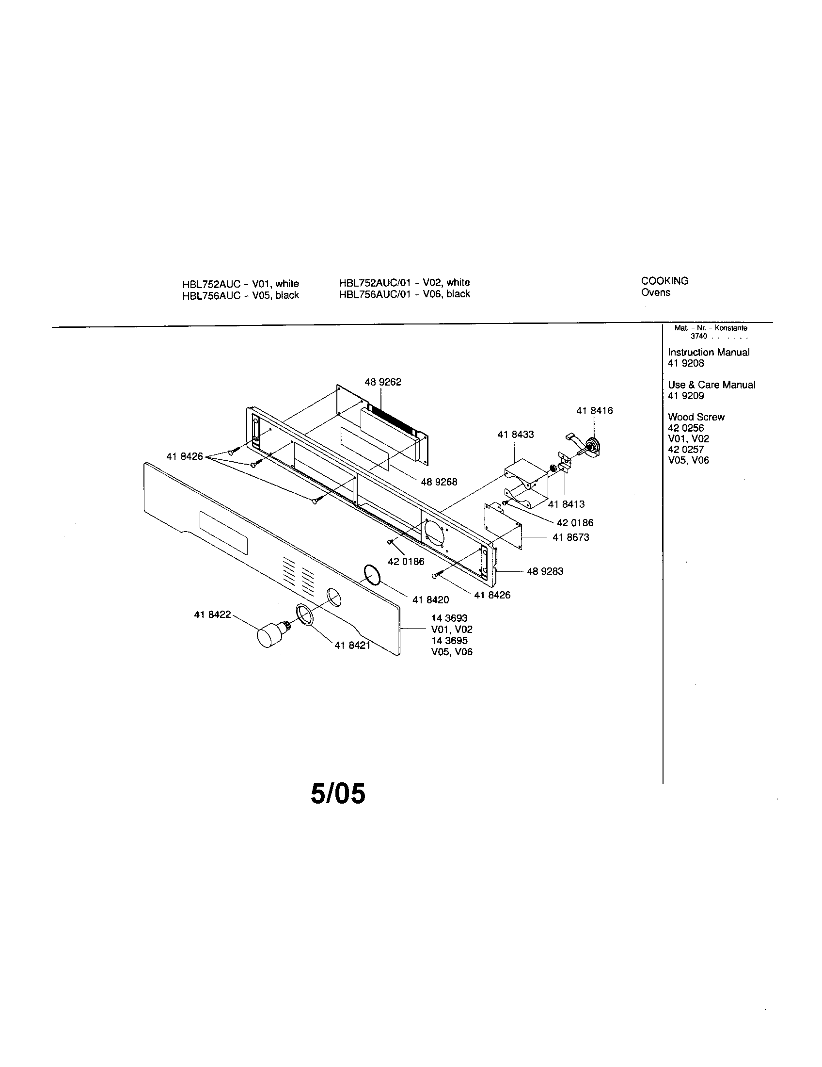 Bosch HBL752AUC/01 fascia panel diagram
