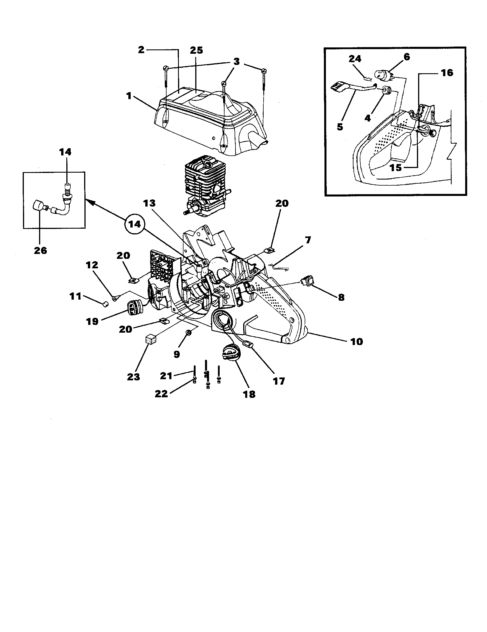 Homelite UT-10901 engine housing/fuel tank/oil tank diagram