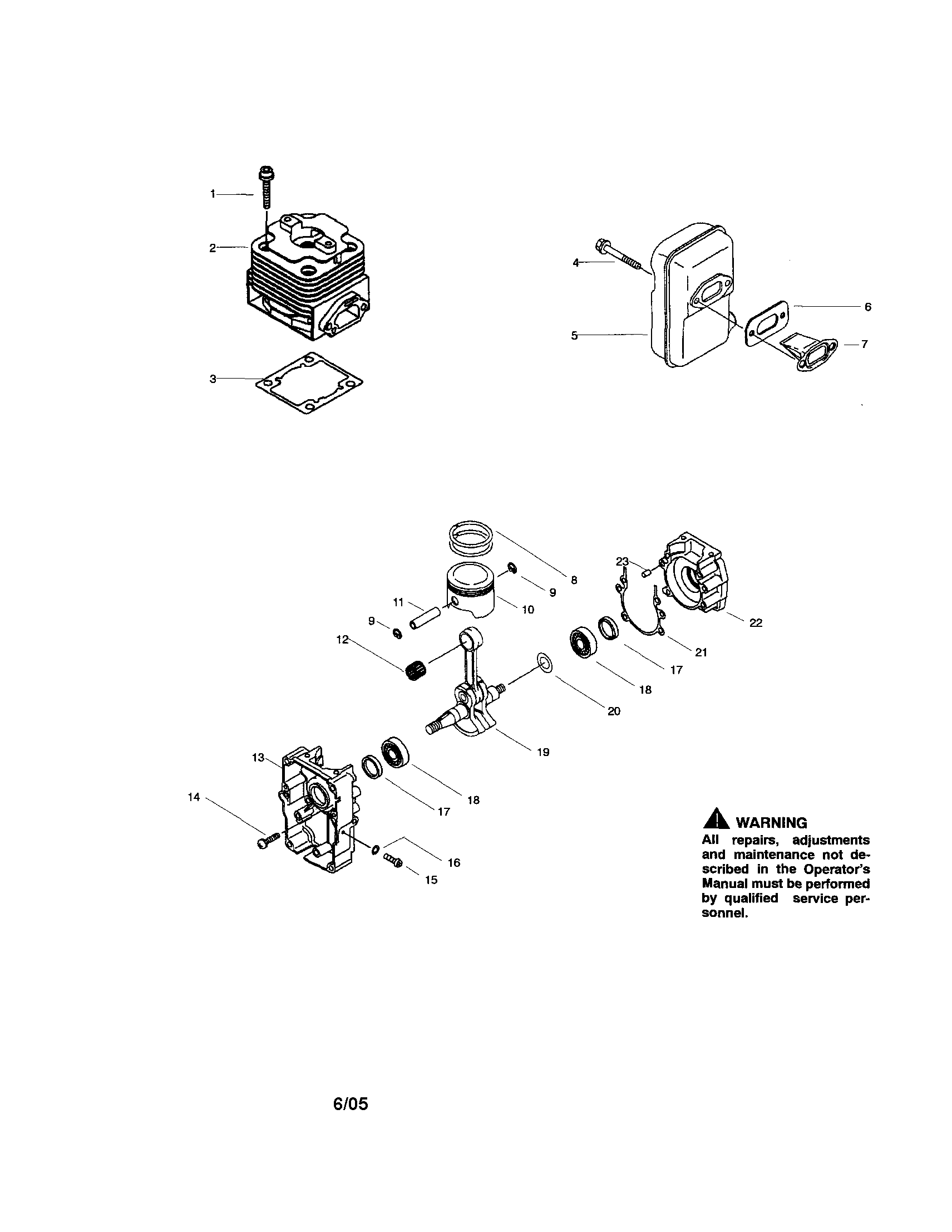 Poulan BP402 cylinder/muffler/crankcase/crankshaft diagram