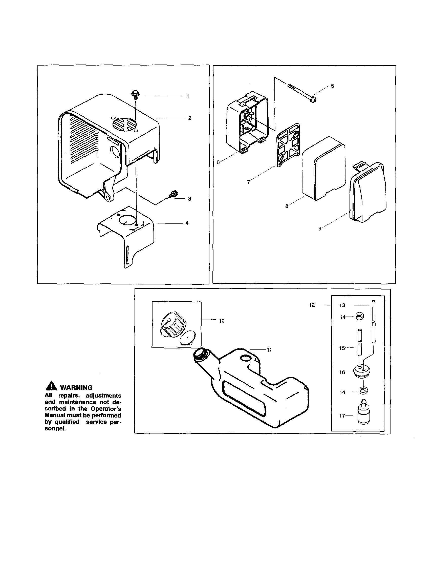 Poulan BP402 engine shroud/air filter/fuel tank diagram