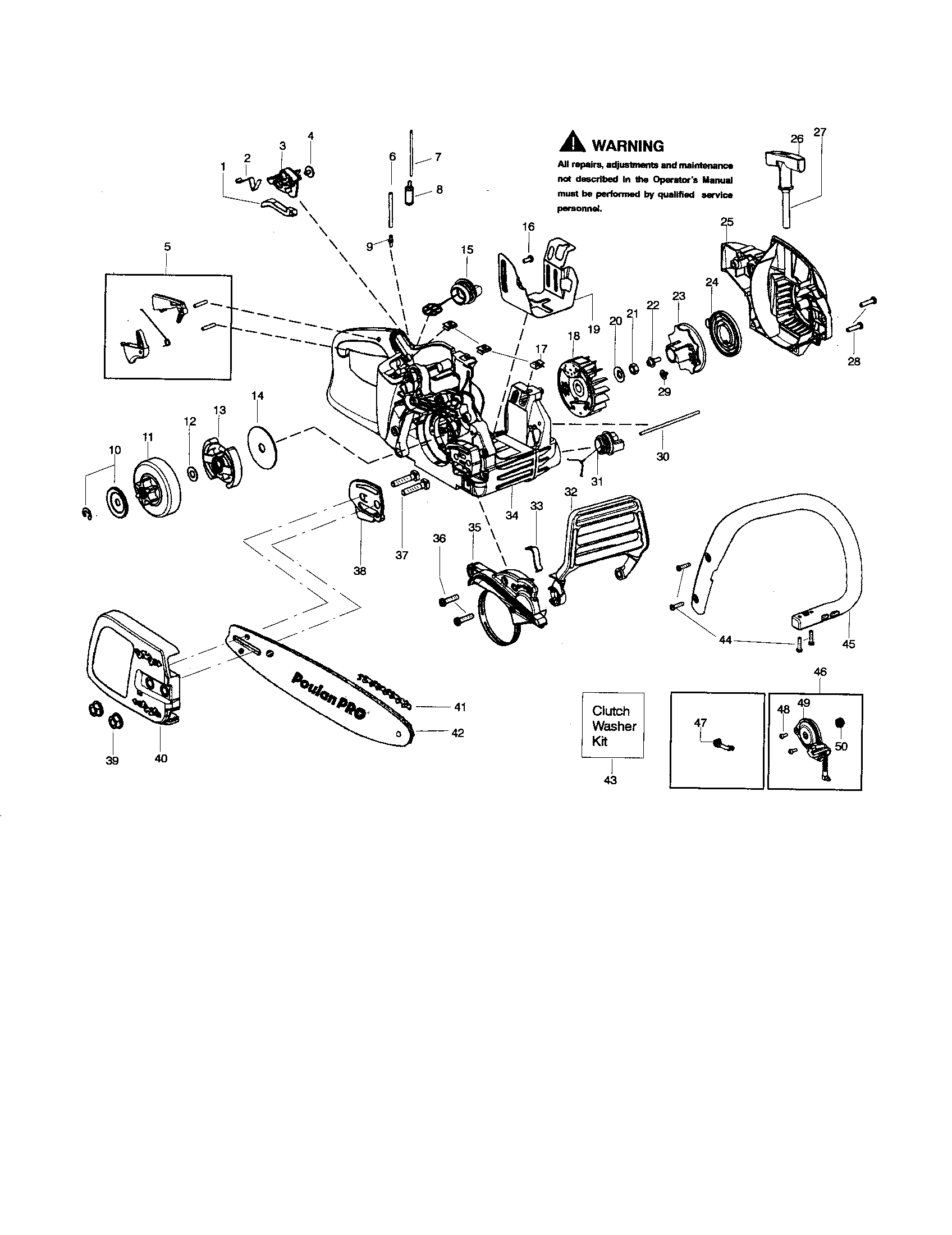 Poulan PP3516 chain/bar/fan housing/handle diagram