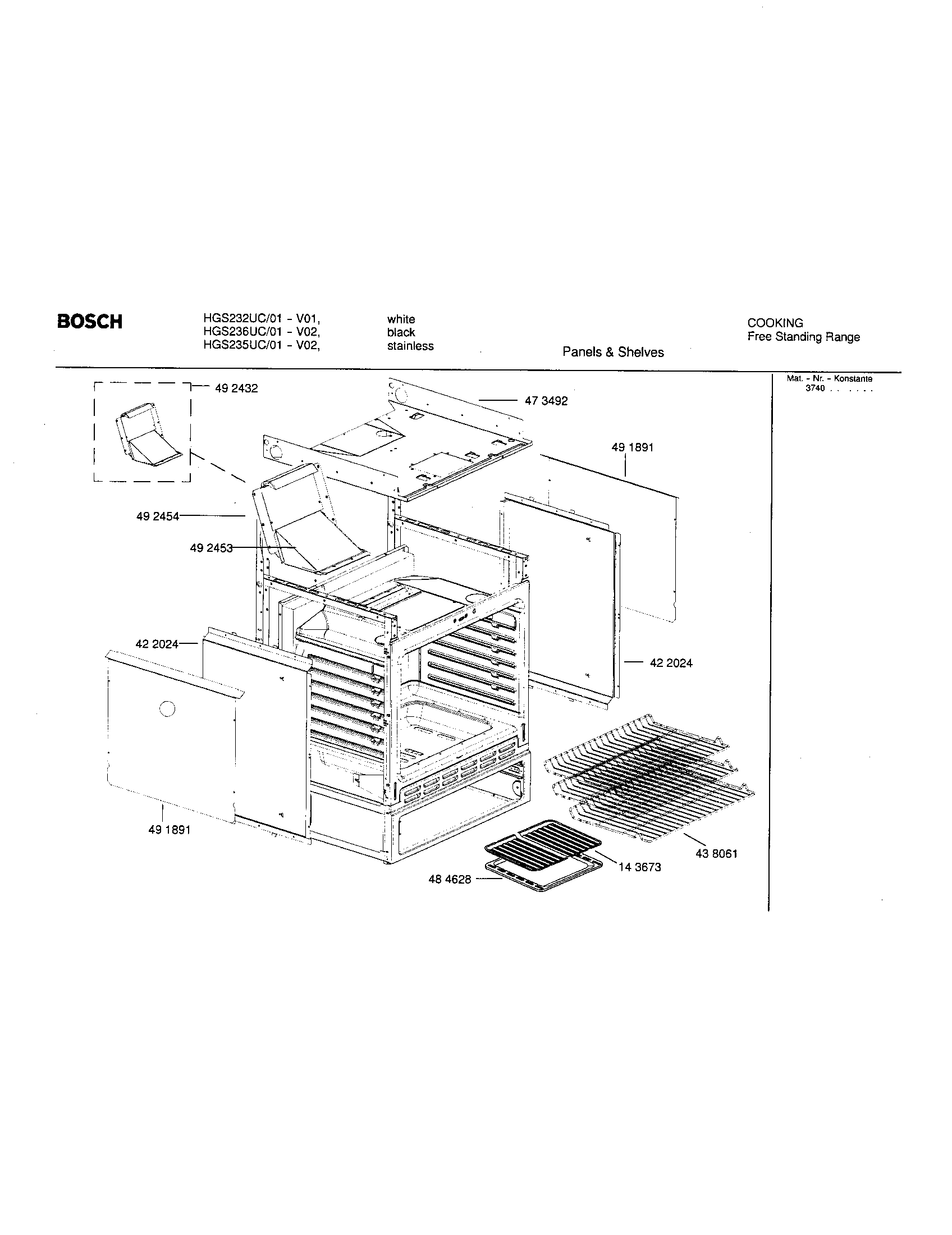 Bosch HGS235UC/01 panels and shelves diagram