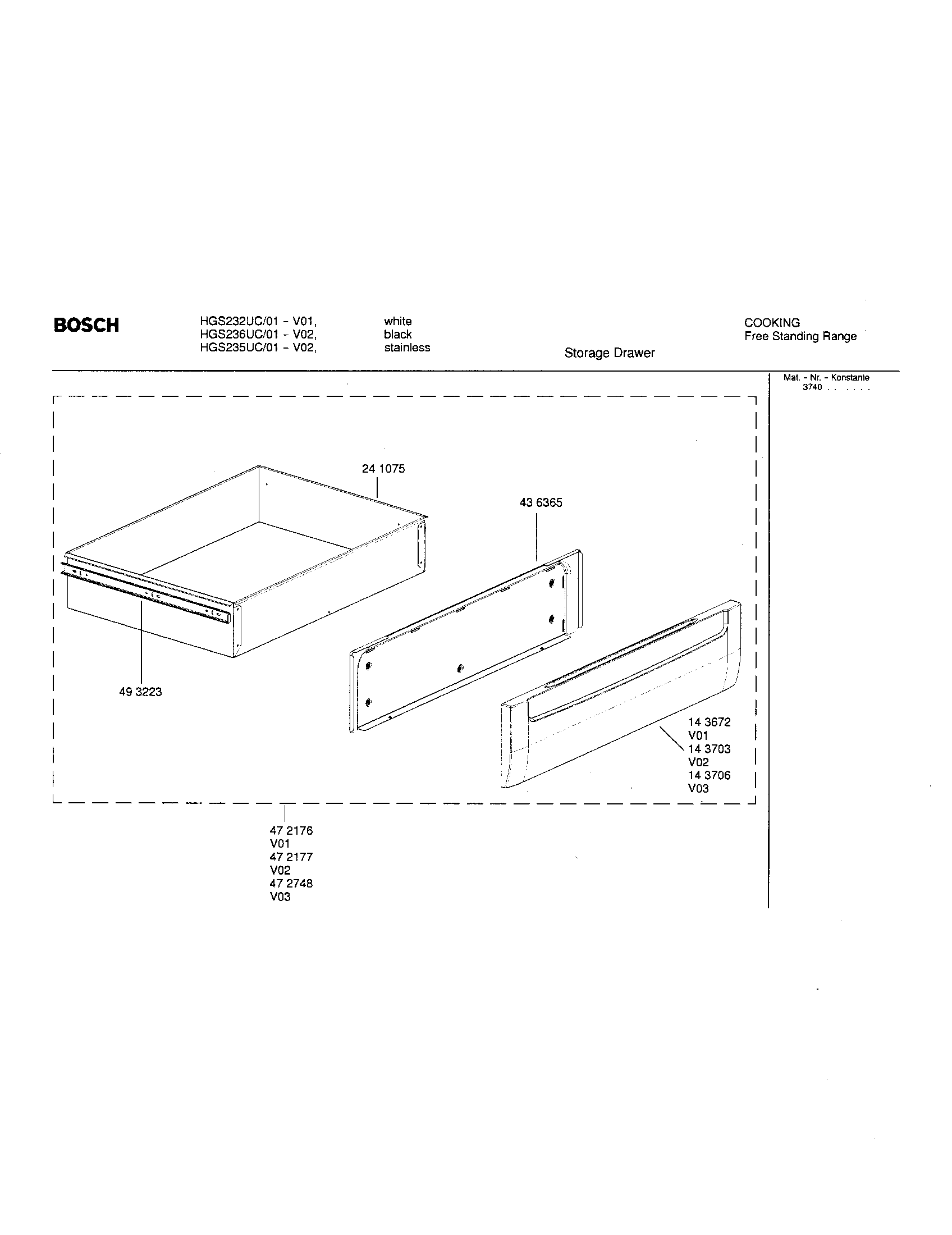Bosch HGS235UC/01 storage drawer diagram