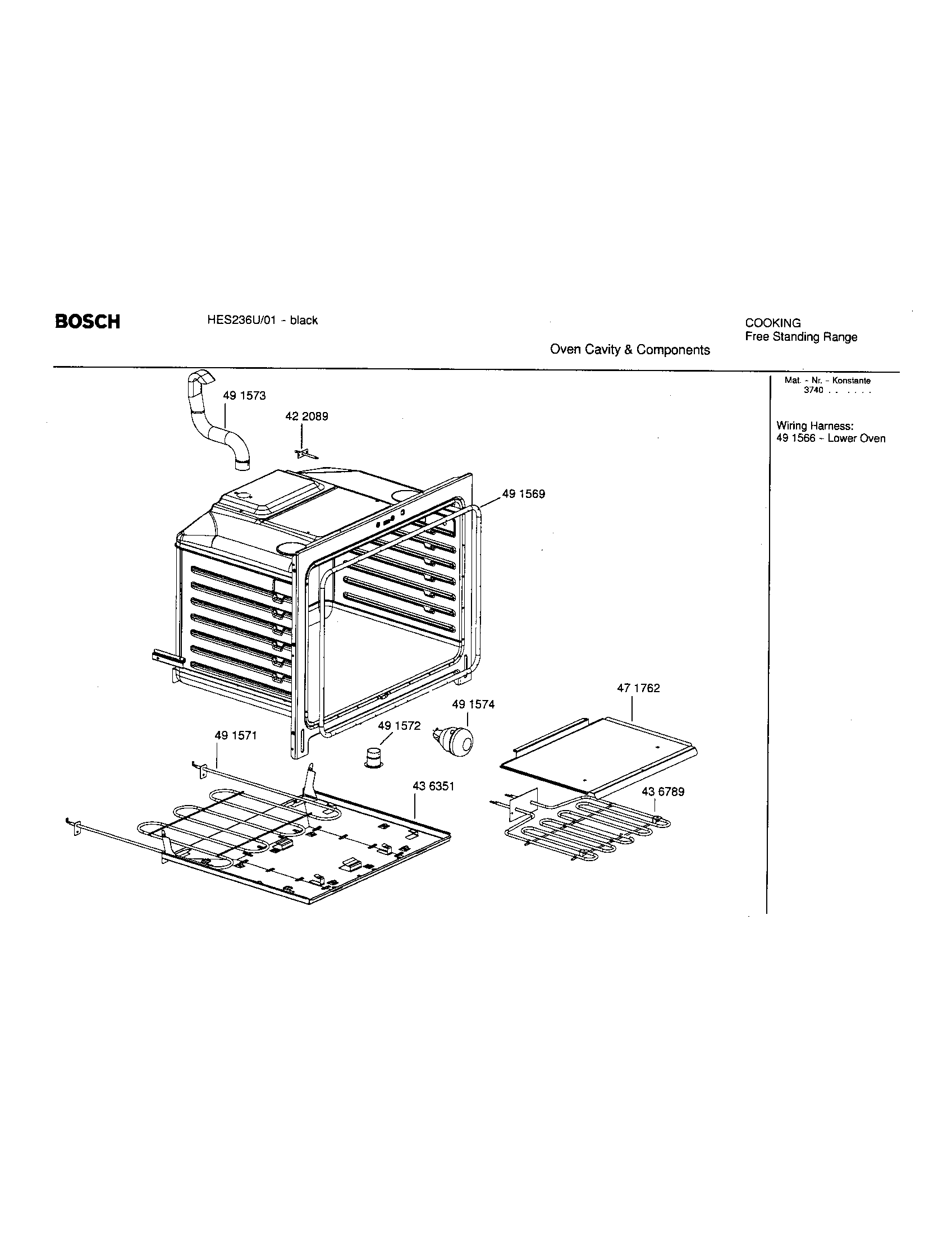 Bosch HES236U/01 oven cavity and  components diagram