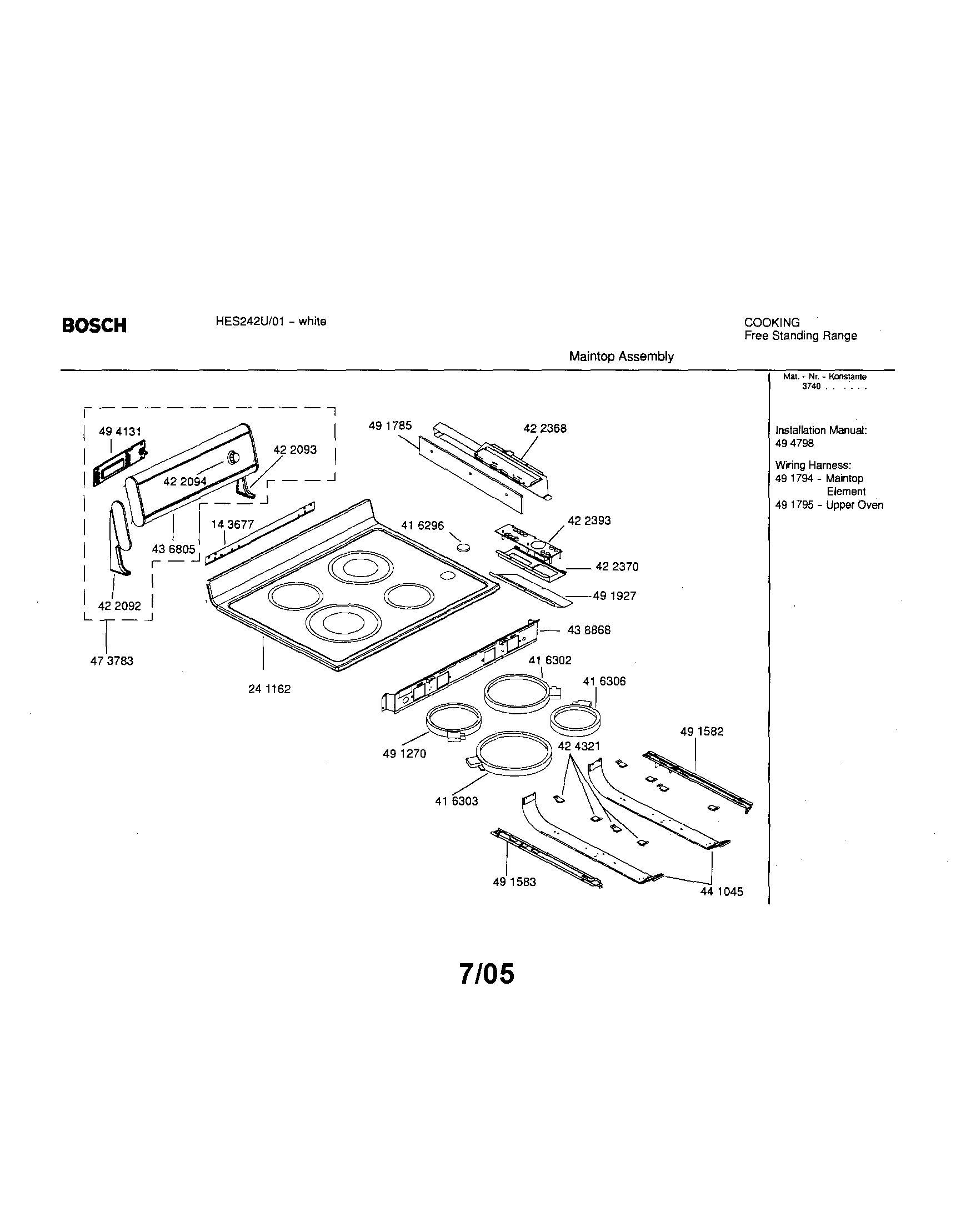 Bosch HES242U/01 maintop assembly diagram