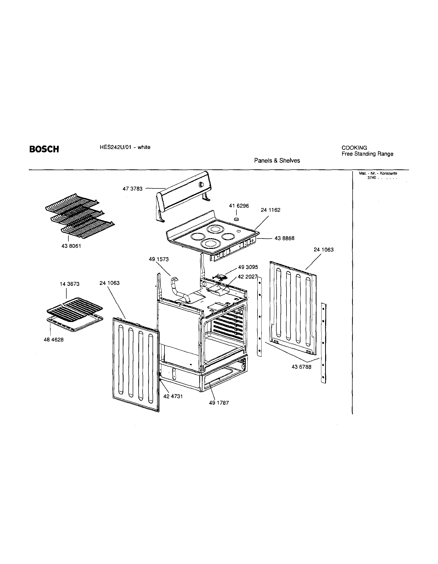 Bosch HES242U/01 panels and shelves diagram