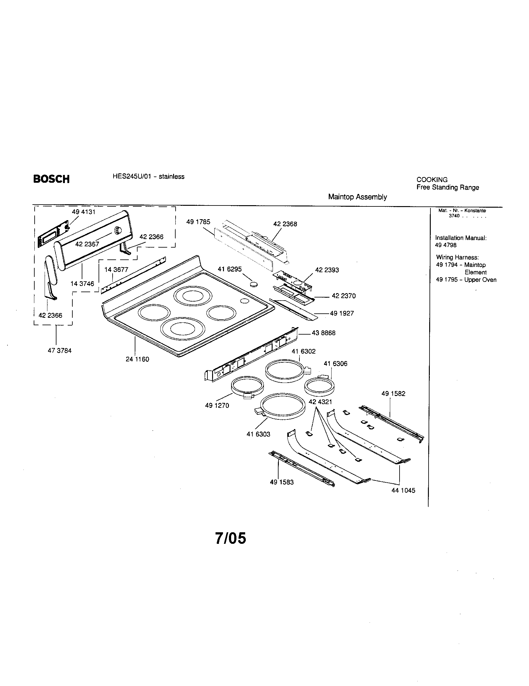 Bosch HES245U/01 maintop assembly diagram