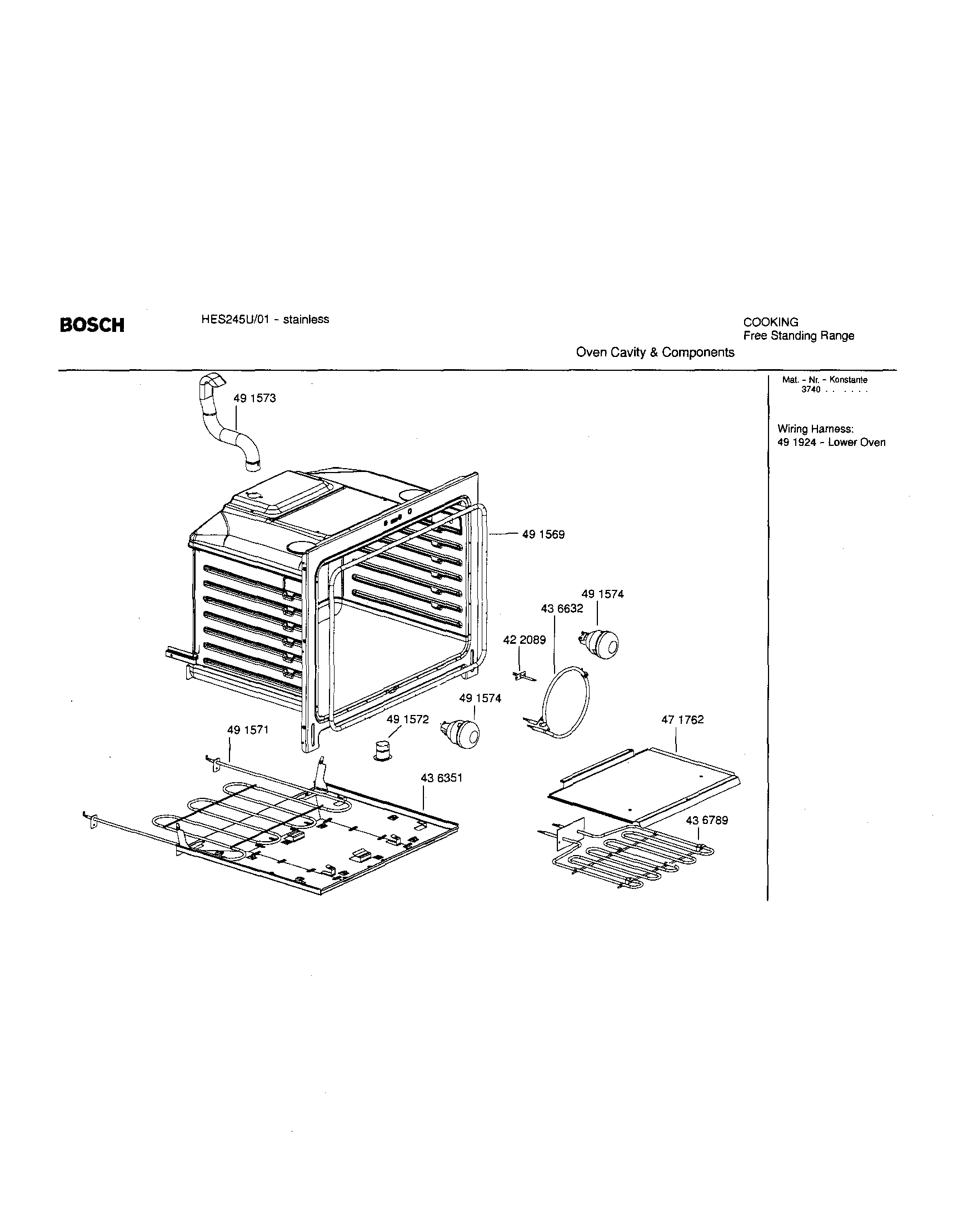 Bosch HES245U/01 oven cavity and components diagram