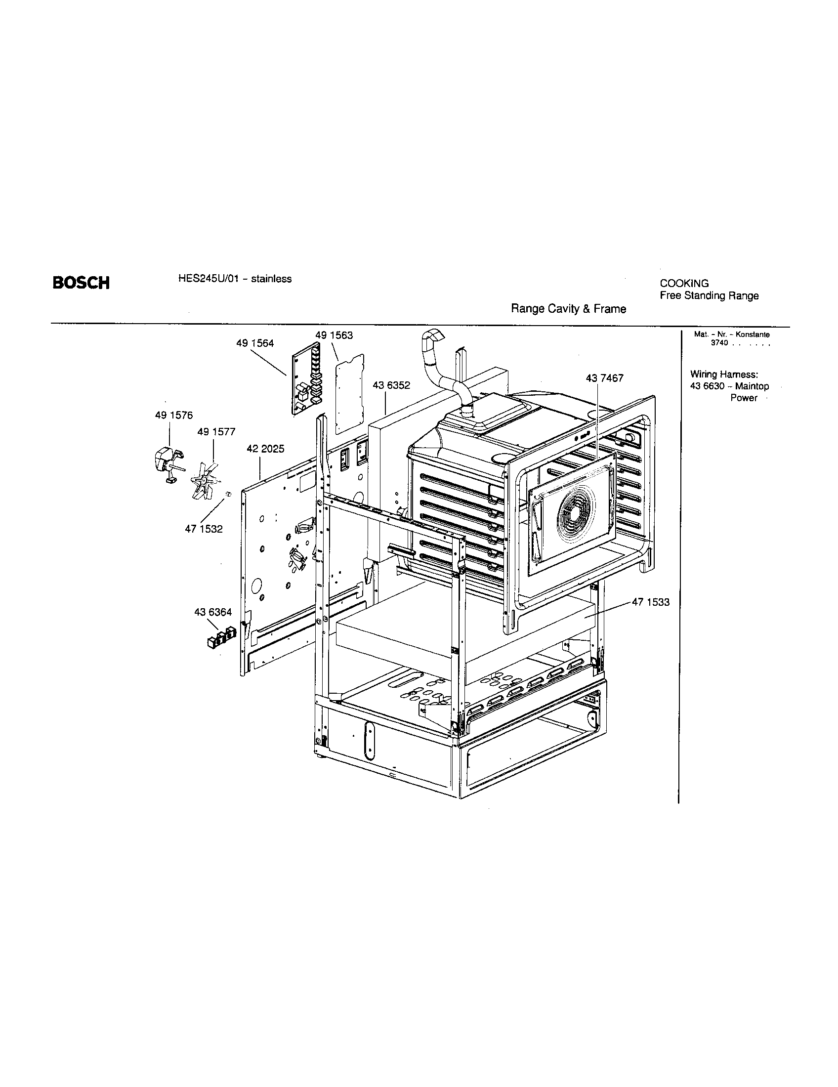 Bosch HES245U/01 range cavity and frame diagram