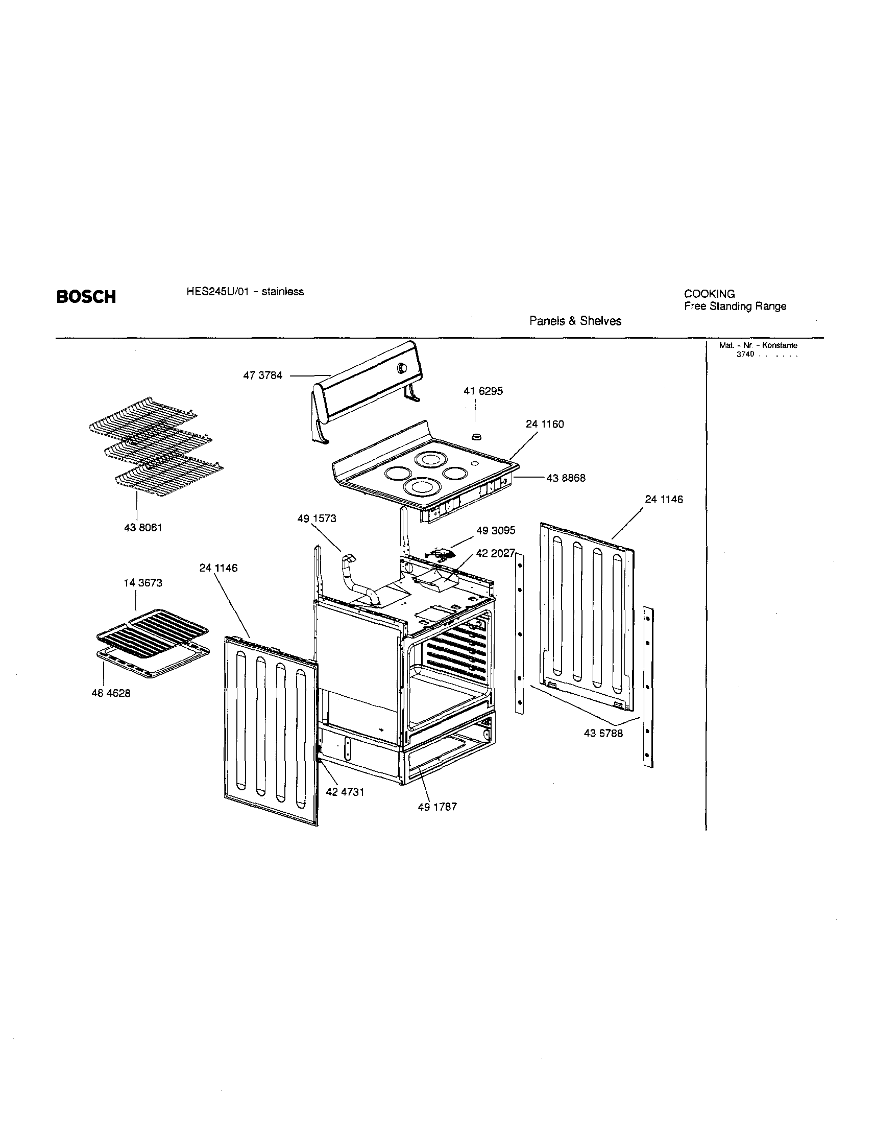 Bosch HES245U/01 panels and shelves diagram