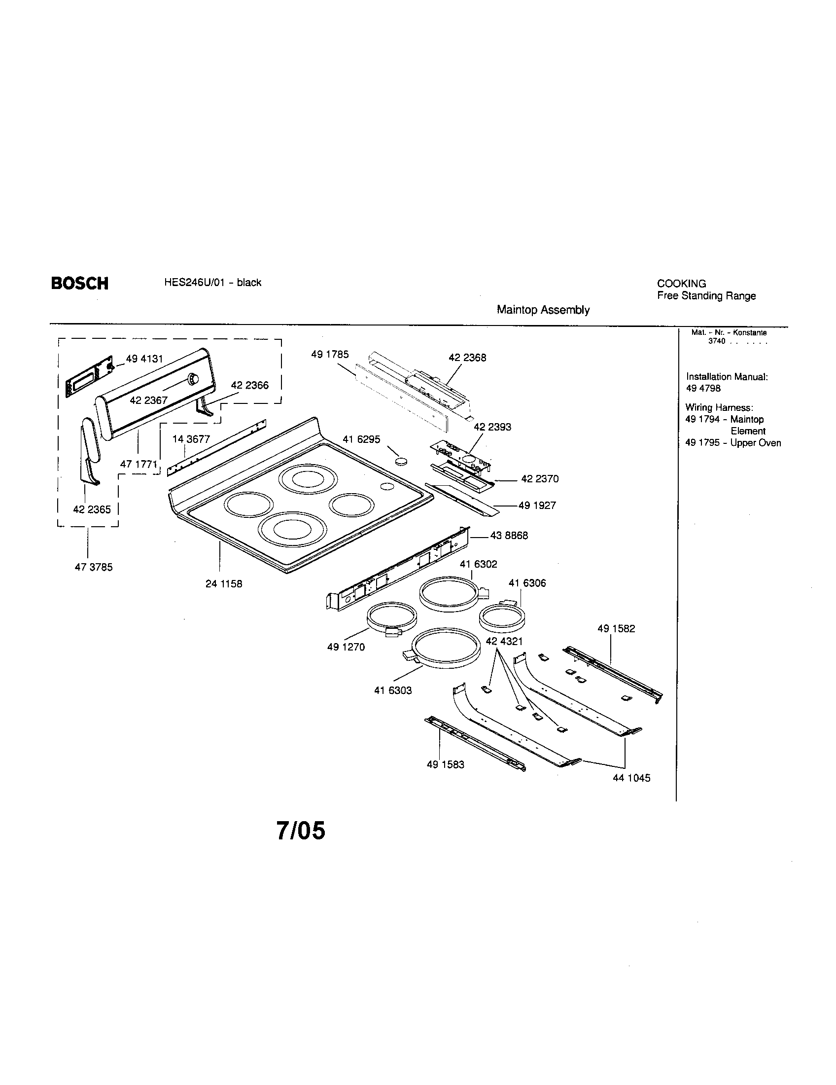 Bosch HES246U/01 maintop assemlby diagram